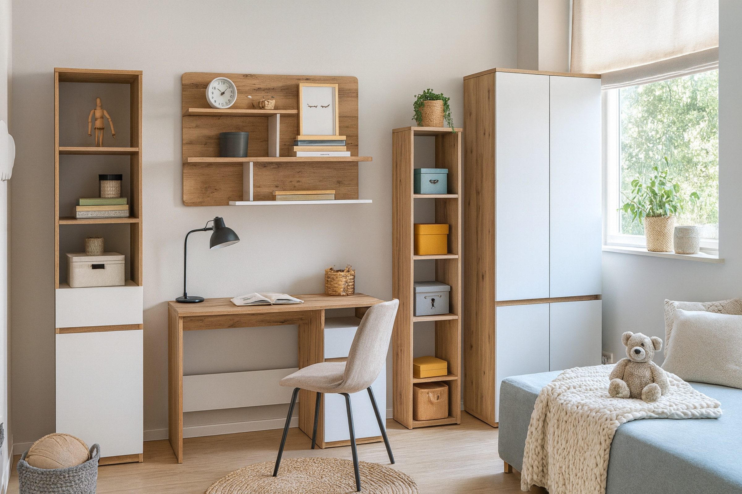 Deine Möbel 24 Jugendzimmer-Set ARCO B Kinderzimmer-Set Kindermöbel Jugendmöbel Kinderzimmer, (Set, 5-tlg., Regal Kleiderschrank Hängeregal Schreibtisch Bett optional), 3+7+11+12+1+9 (Bett optional) Weiß Matt Eiche Wotan