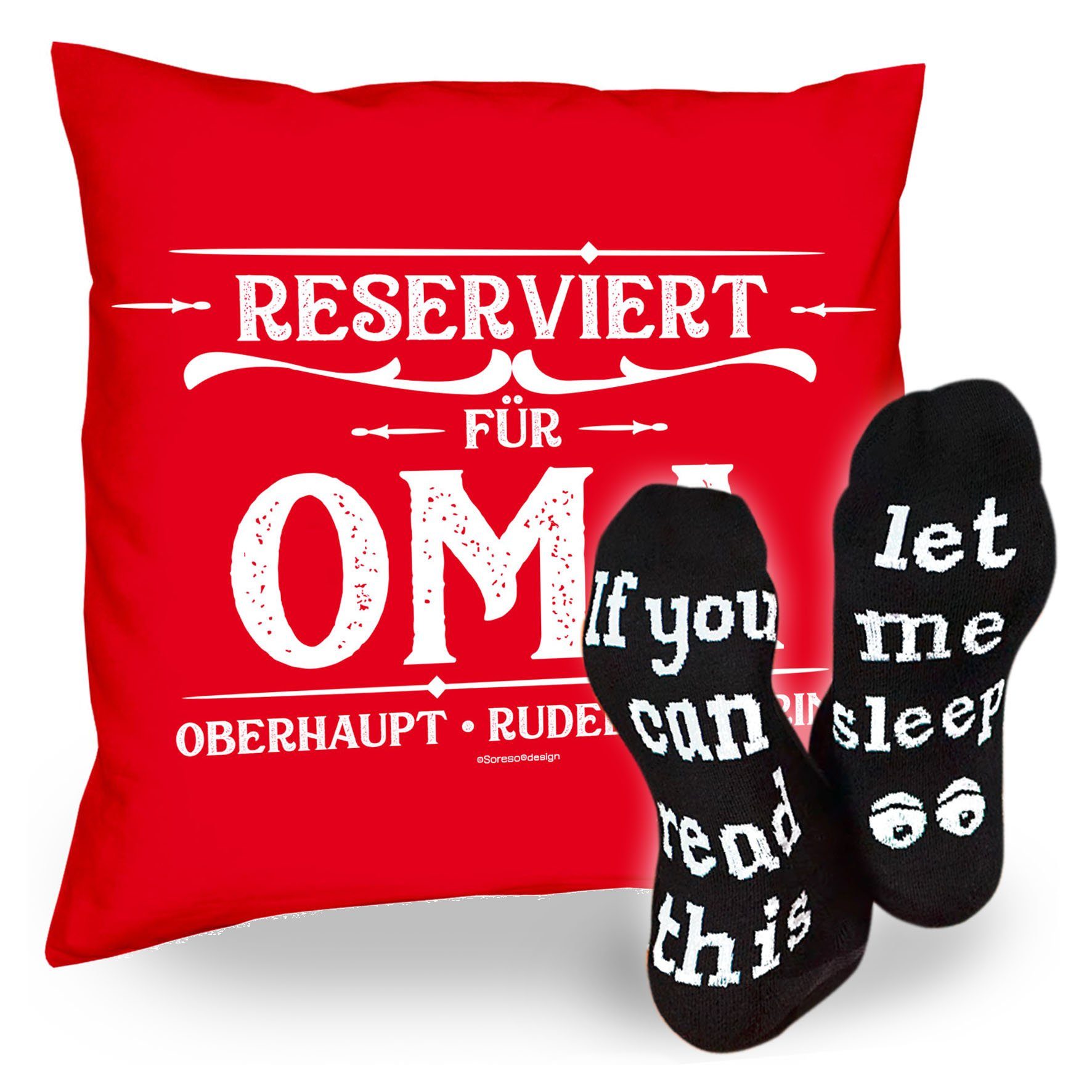 Soreso® Dekokissen Kissen Reserviert für Oma & Sprüche Socken Sleep, Geschenk Geburtstagsgeschenk rot