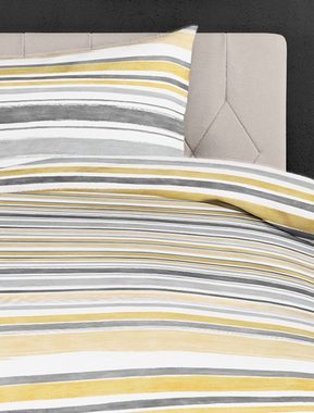 Bettwäsche Baumwolle, Traumschloss, Satin, 3 teilig, mit Streifen in gelb, grau
