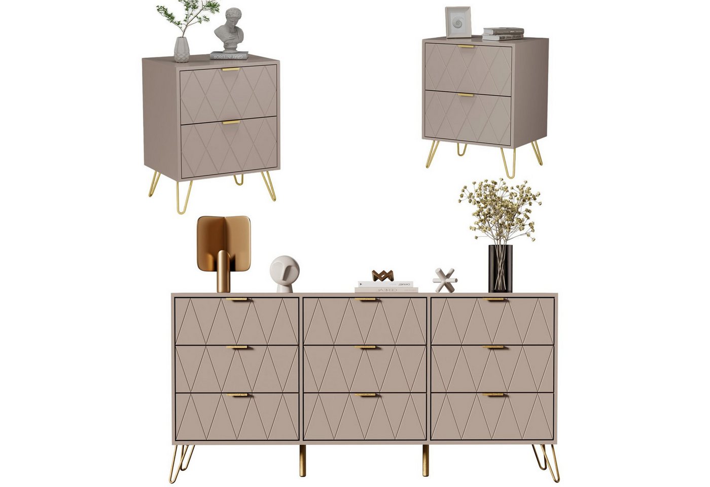 UEV Schlafzimmer-Set 3er-Set Schlafzimmermöbel, Möbelset im skandinavischen Stil, (Modern Linienmuster, Kommode mit 9 Schubladen und 2er-Set Nachttisch), Schrank mit Kippschutz, Goldene Griffe und Füße, Soft-close
