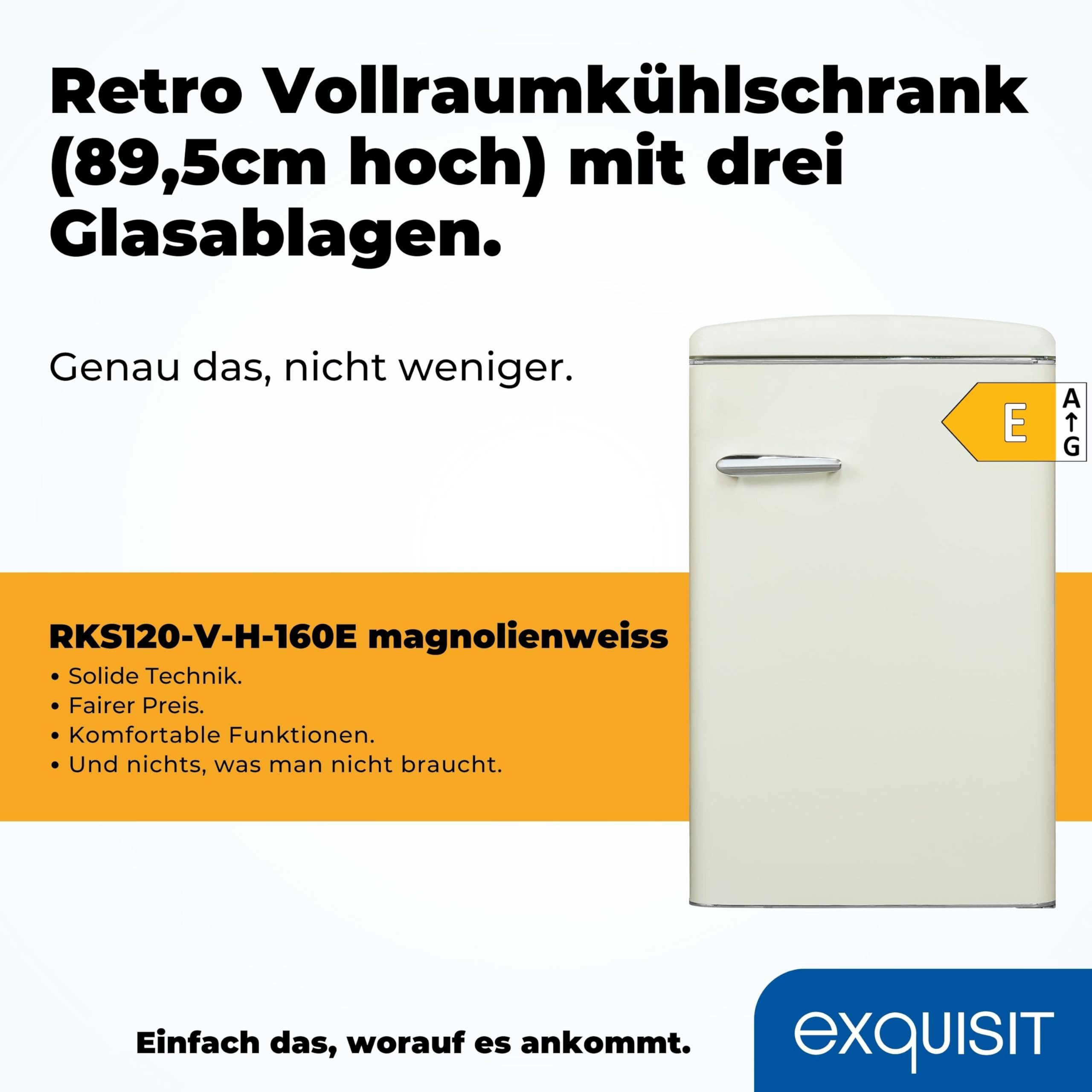 exquisit Vollraumkühlschrank RKS120-V-H-160E, 89.5 cm hoch, 54.5 cm breit, LED-Beleuchtung, verstellbare Glasböden, Retro-Design