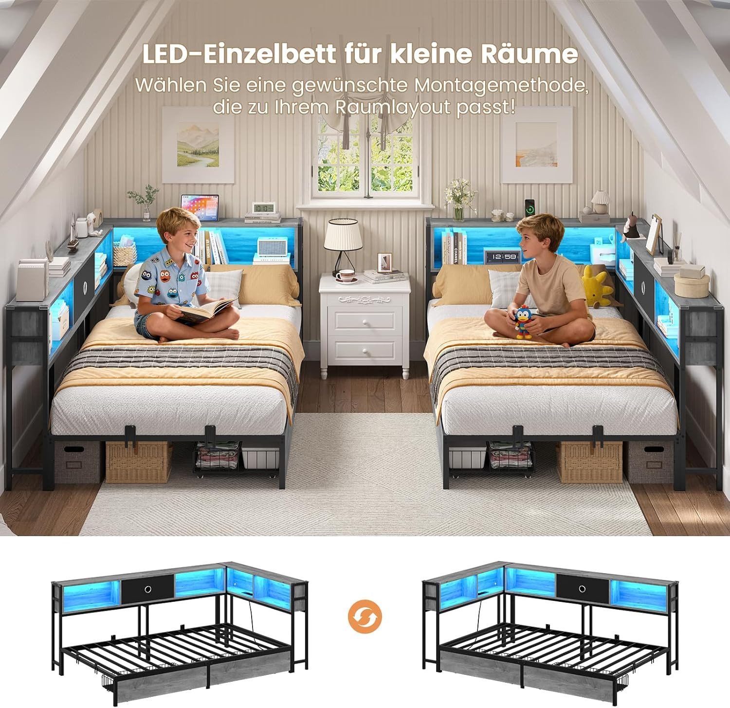 MSMASK Daybett L-Form Schlafsofa mit LED-Beleuchtung und Steckdose, Kinderbett (1 tlg), Jugendbett mit Metallrost, 90x200cm, Grau – Bild 4 von 5