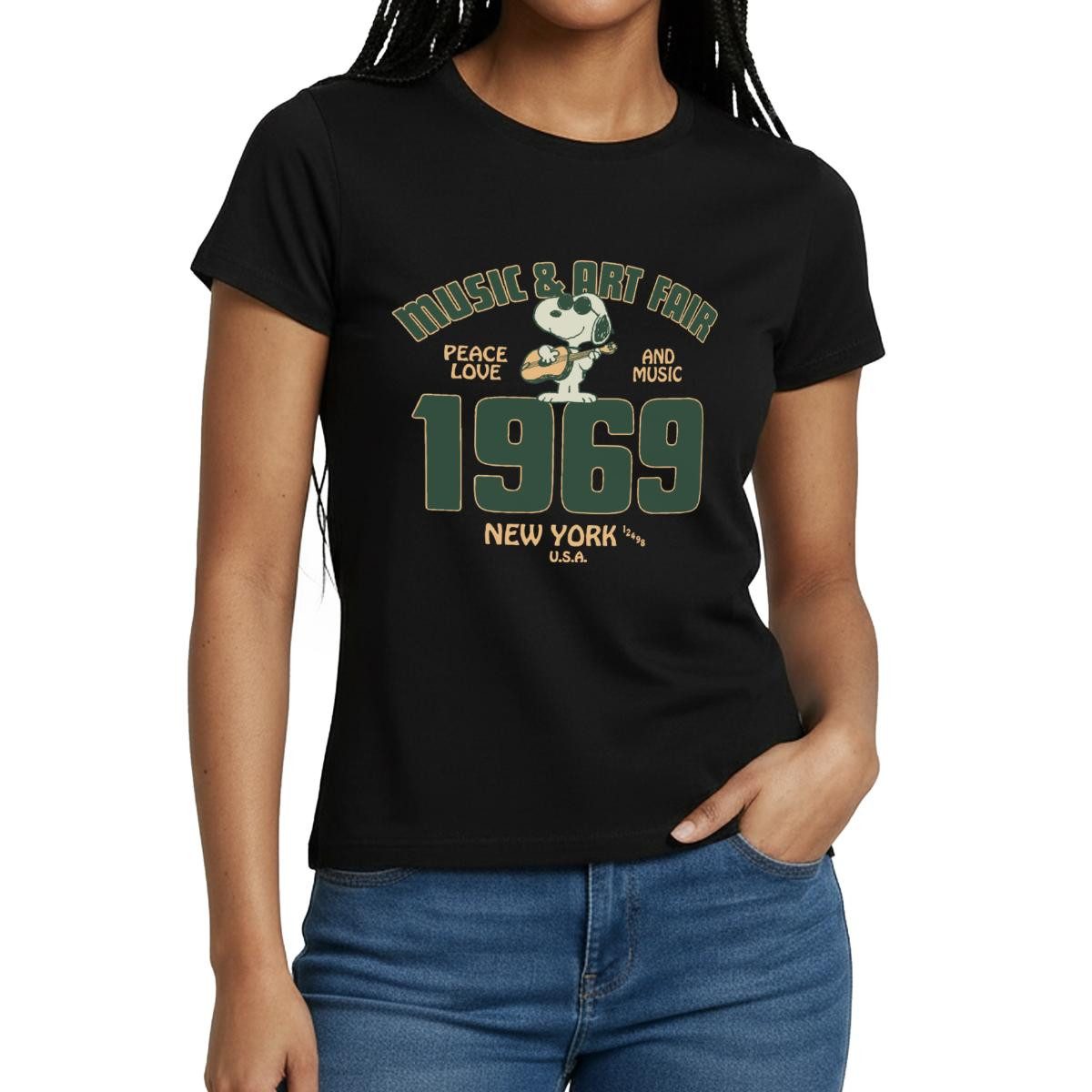 Spreadshirt T-Shirt Peanuts Snoopy Peace Love Music 1969 Frauen T-Shirt (1-tlg) Slim Fit, fällt klein aus