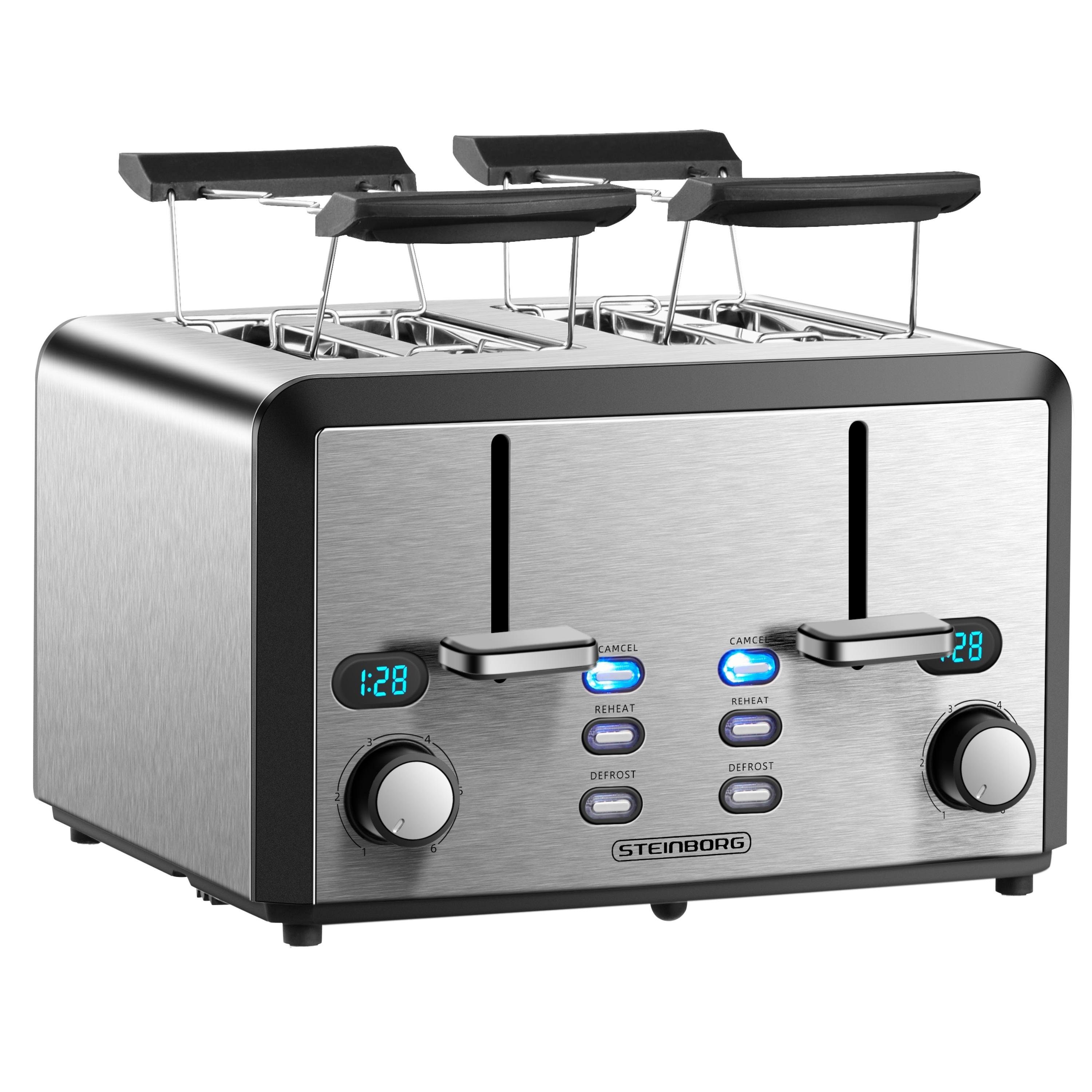 STEINBORG Тостери SB-2210, 4 kurze Schlitze, für 4 Scheiben, Edelstahl Gehäuse,Brötchenaufsatz,Krümelschublade,LED Display