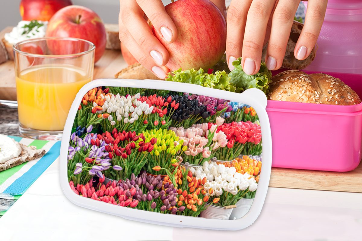 Kunststoff Erwachsene, MuchoWow Kinder, Tulpen Blumen Farben, Kunststoff, (2-tlg), für - Mädchen, Lunchbox - rosa Snackbox, Brotdose Brotbox