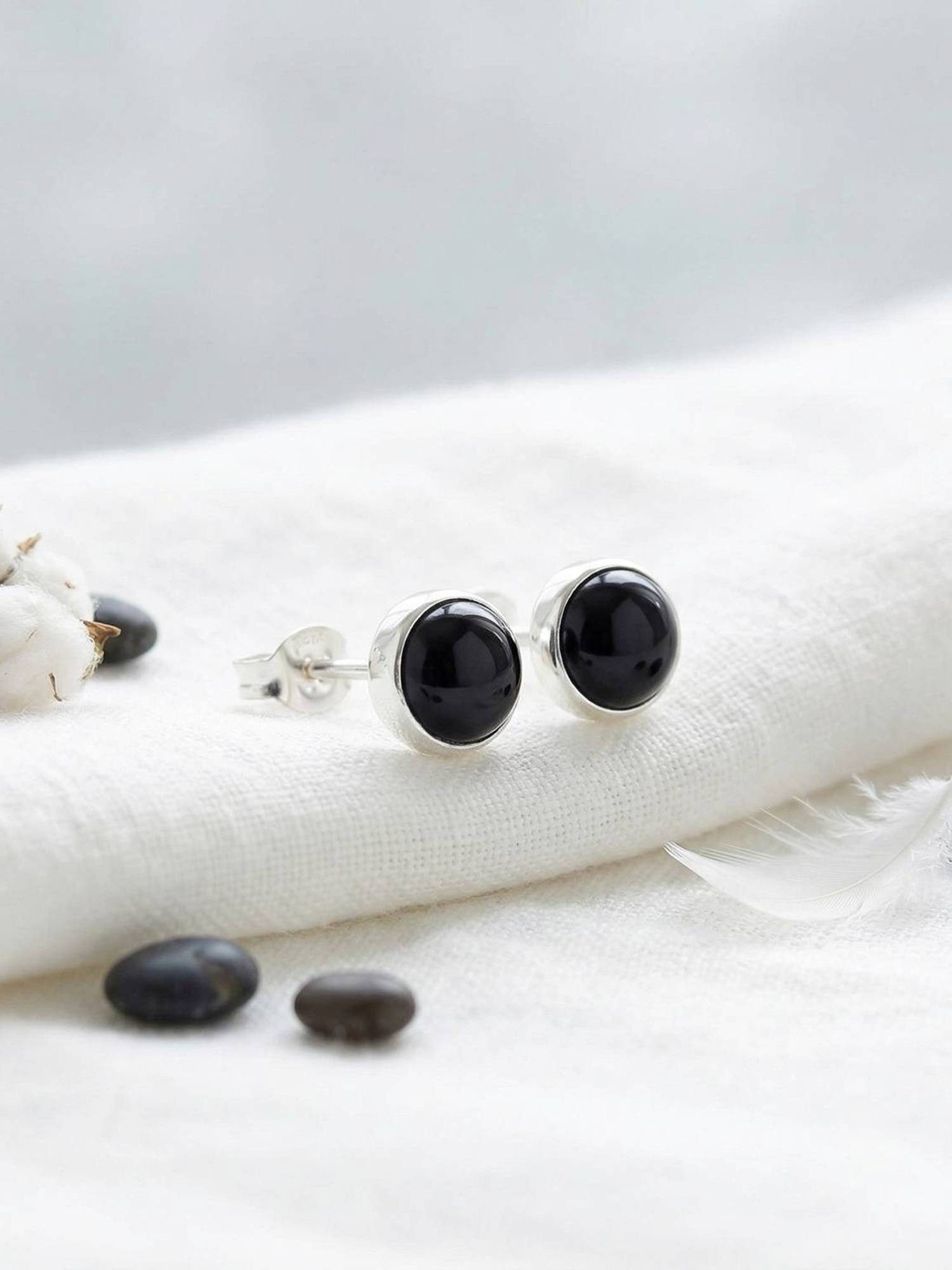 mantraroma Paar Ohrstecker SAMA rund klein aus 925 Silber mit Onyx (Paar, Paar Ohrringe mit Schmuckbeutel), 925 Sterling Silber Ohrringe für Damen