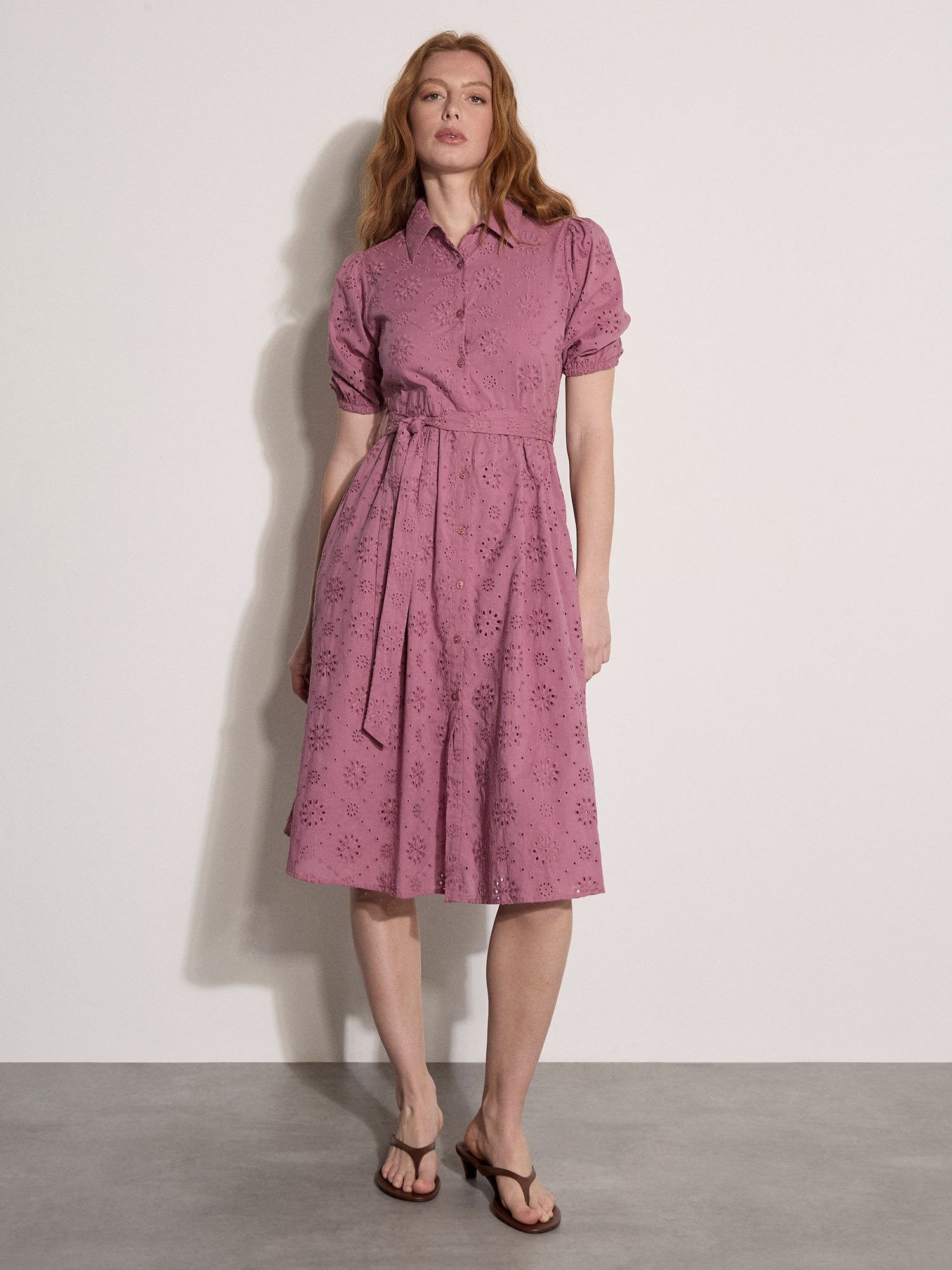 Apricot Spitzenkleid Hemdblusen-Midi-Kleid mit Stickerei