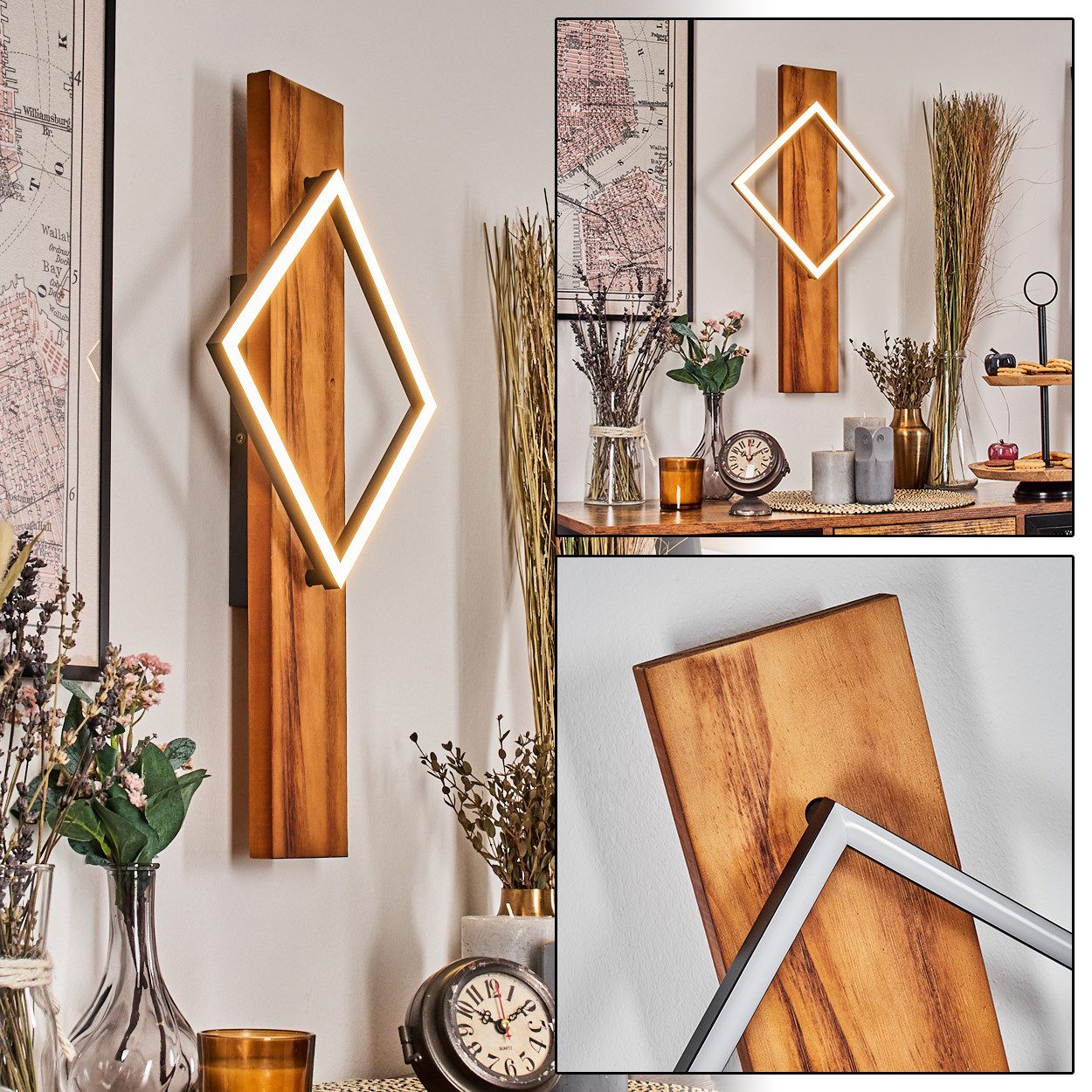 hofstein Wandleuchte Wandlampe aus Holz/Metall/Kunststoff in Natur/Schwarz/Weiß, ohne Leuchtmittel, Leuchte im modernen Retro/Vintage-Design mit Holzbalken