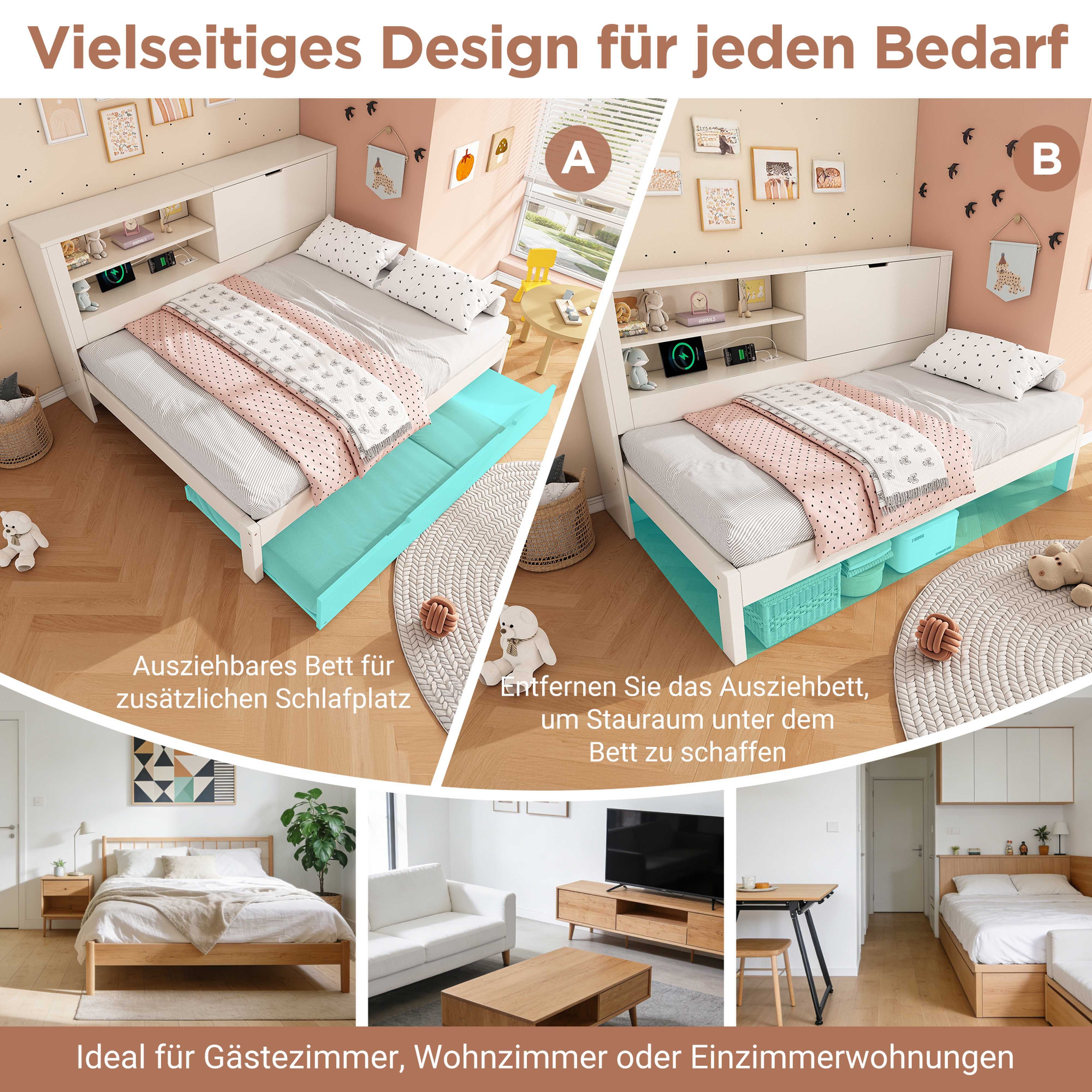 BlingBin Ausziehbett Schlafsofa Einzelbett (Sofabett 90x200 cm mit Ausziehbett 90x190 cm und Stauraum, 1 tlg), ideal für Gästezimmer & Wohnzimmer, Ohne Matratze