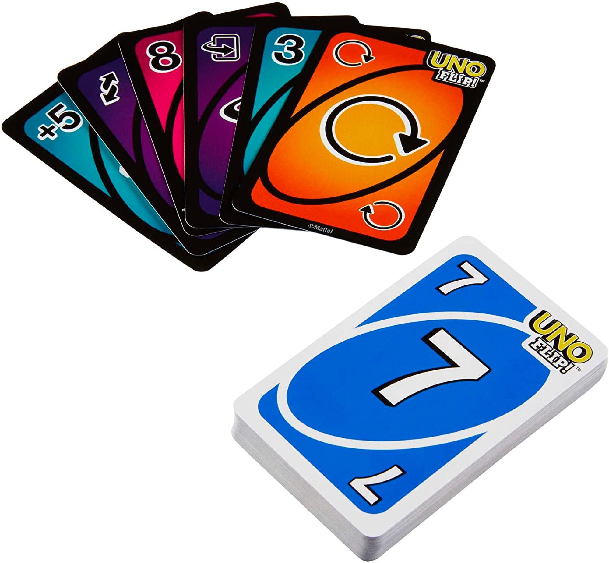 Mattel games Spielwelt UNO Spiele UNO Flip, (UNO Kartenspiel für die Familie, Reisespiel oder Spiel für Erwachsene, Kinder und Familie Karte Brettspiel lustige Uno Geschenke), Doppelseitige Karten,für 2-10 Spieler