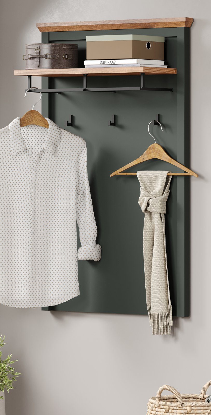 trendteam Garderobenpaneel Stanton (Wandgarderobe in Landhaus grün mit Eiche, 77 x 123 cm), mit Kleiderstange