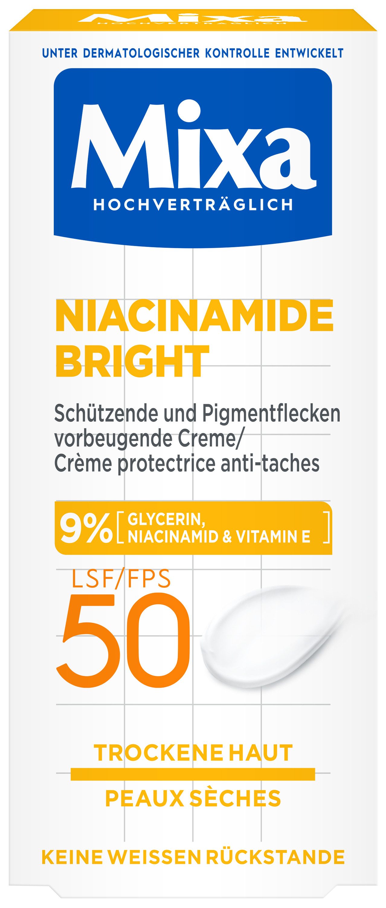 Mixa Körpercreme MIXA NIACINAMIDE BRIGHT CREME LSF50, Mildert sonnenbedingte Pigmentflecken, versorgt trockene Haut.