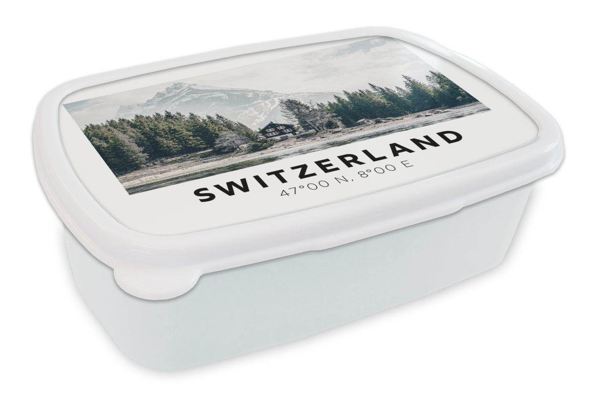 MuchoWow Lunchbox Schweiz - Berg - Chalet - Grün, Kunststoff, (2-tlg), Brotbox für Kinder und Erwachsene, Brotdose, für Jungs und Mädchen weiß