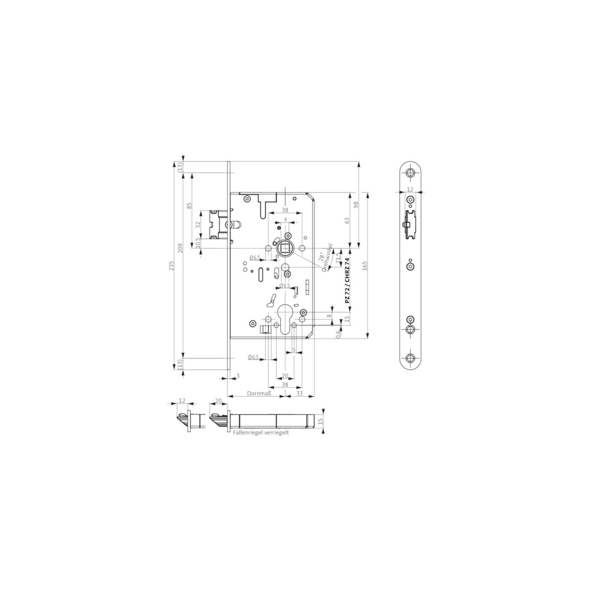 BKS Profilzylinder Panik-Einsteckschloss 2116 Fkt.E rd 20/55/72/9mm DIN L VA selbstverr.B