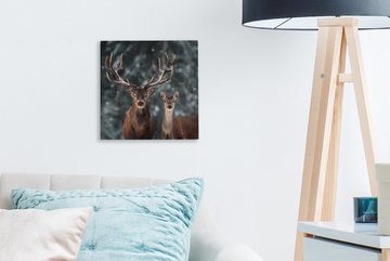 OneMillionCanvasses® Leinwandbild Hirsche - Tiere - Winter - Geweih - Schnee - Natur, (1 St), Leinwand Bilder für Wohnzimmer Schlafzimmer