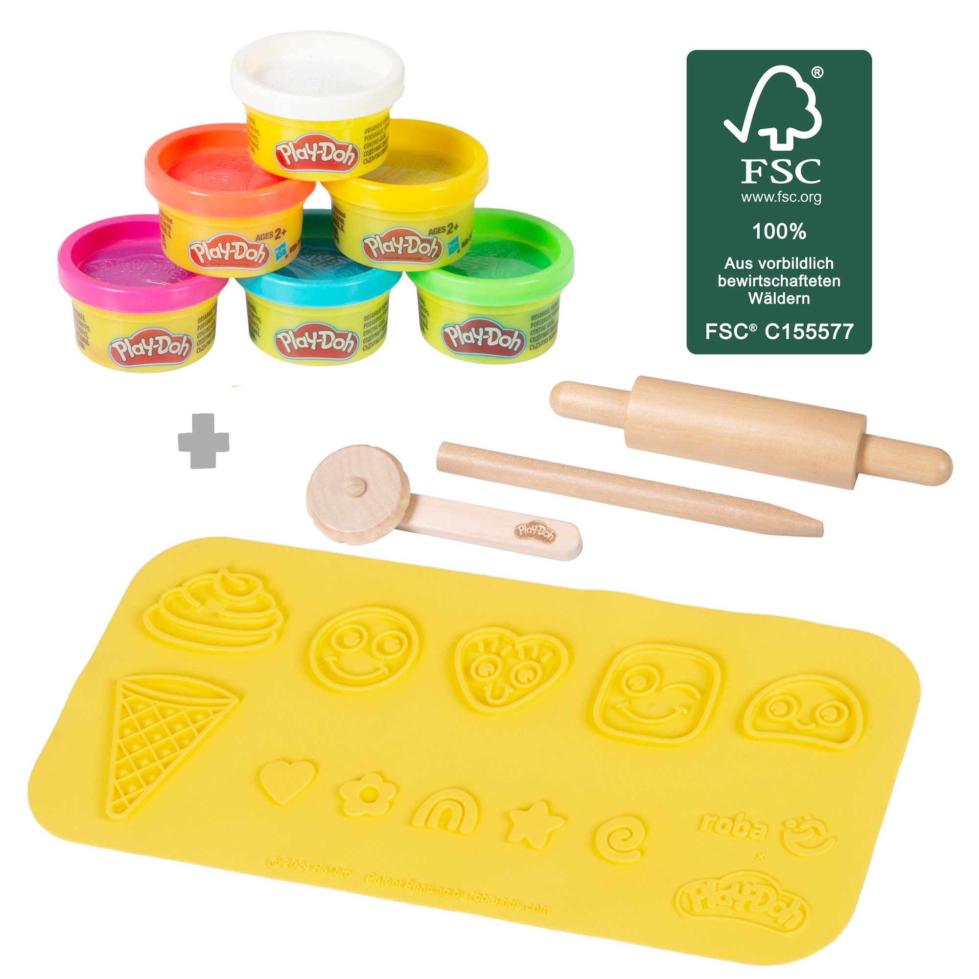 roba® Play-Doh roba x Play-Doh nachhaltiges Spielset mit Play-Doh - Starterset (Set klein, 3D-Kreativmatte, FSC-Holzwerkzeuge, 6 Knetdosen), Kreatives & pädagogisch wertvolles Geschenk - Für Kinder ab 3 Jahren