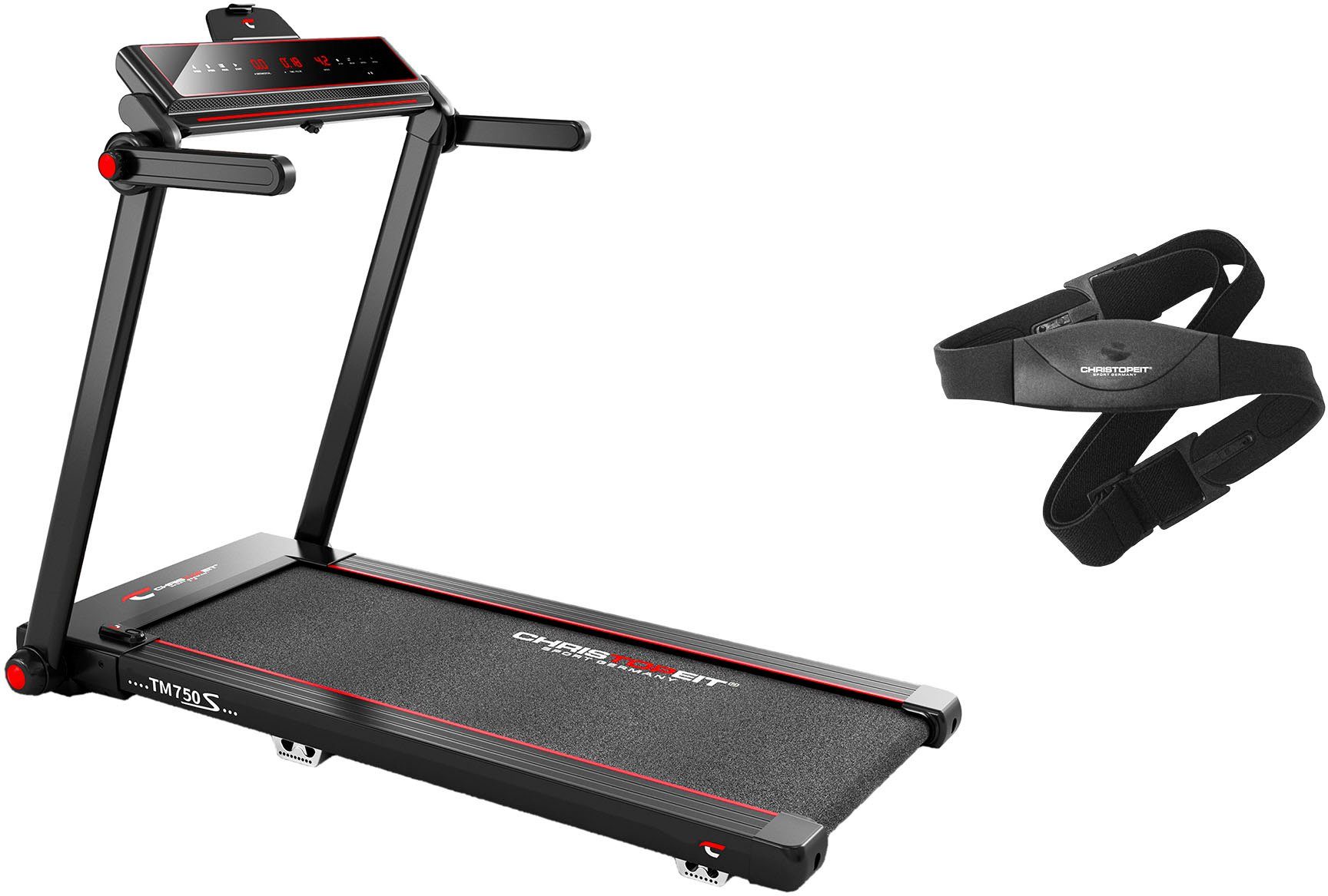 Christopeit Sport® Laufband TM 750 S (mit/ohne Pulsgurt) (95% vormontiert, nur 19 cm flach), bis max. 16 km/h, klappbar, 130 kg max. Benutzergewicht