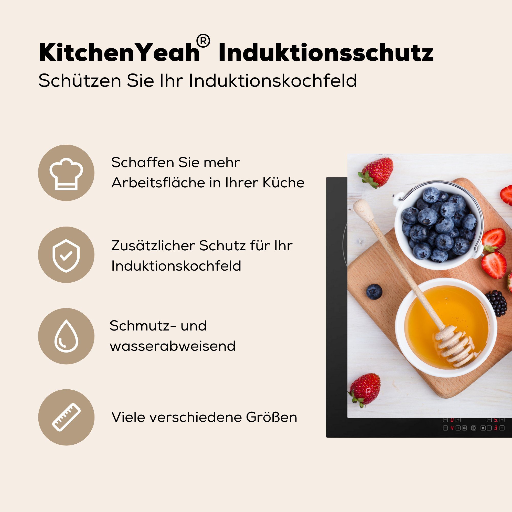 MuchoWow Herdblende-/Abdeckplatte Natürliches Frühstück Ceranfeldabdeckung Vinyl, Schutz für tlg), Honig, (1 mit Induktionskochfeld die küche, 81x52 cm