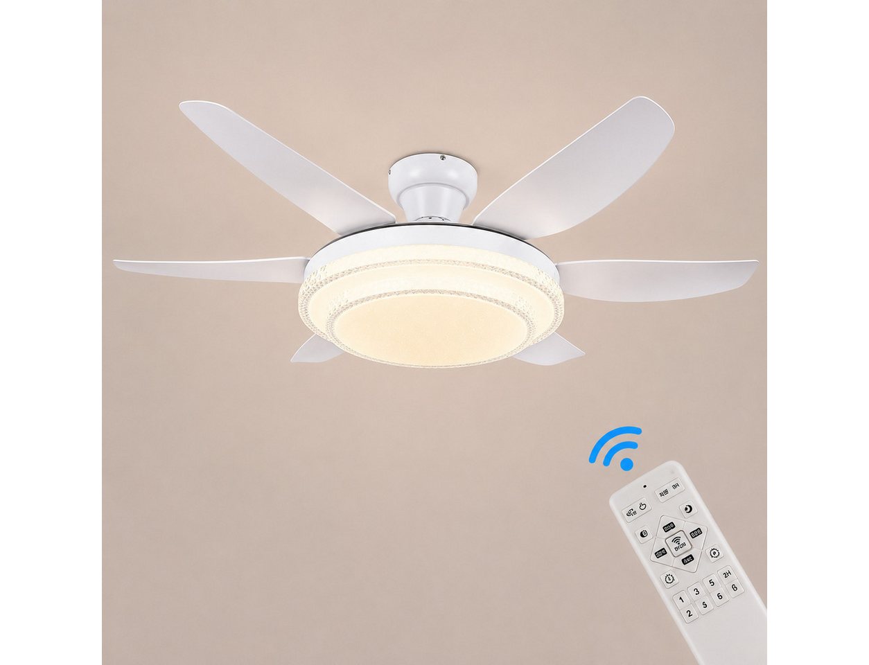 Euroton Deckenventilator Deckenventilator LED Beleuchtung 6 Geschwindigkeiten timer 2 Stunden, Lichtfarbe und Helligkeit stufenlos einstellbar