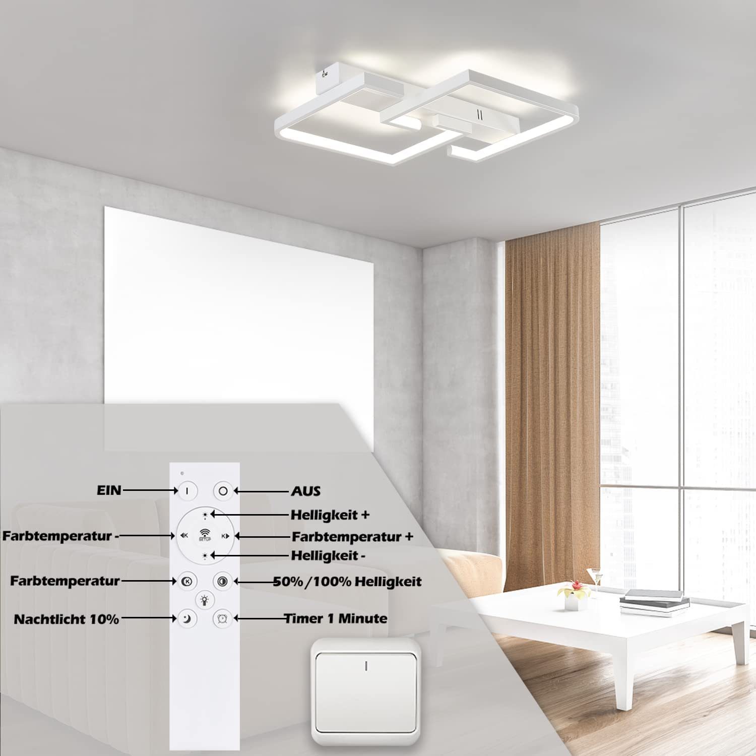 mit Küche Deckenlampe LED Deckenleuchte Kaltweiß, Wohnzimmer Fernbedienung Schlafzimmer flur für Dimmbar Nettlife Schwarz LED fest Neutralweiß, 35W, Warmweiß, integriert, Schlafzimmer