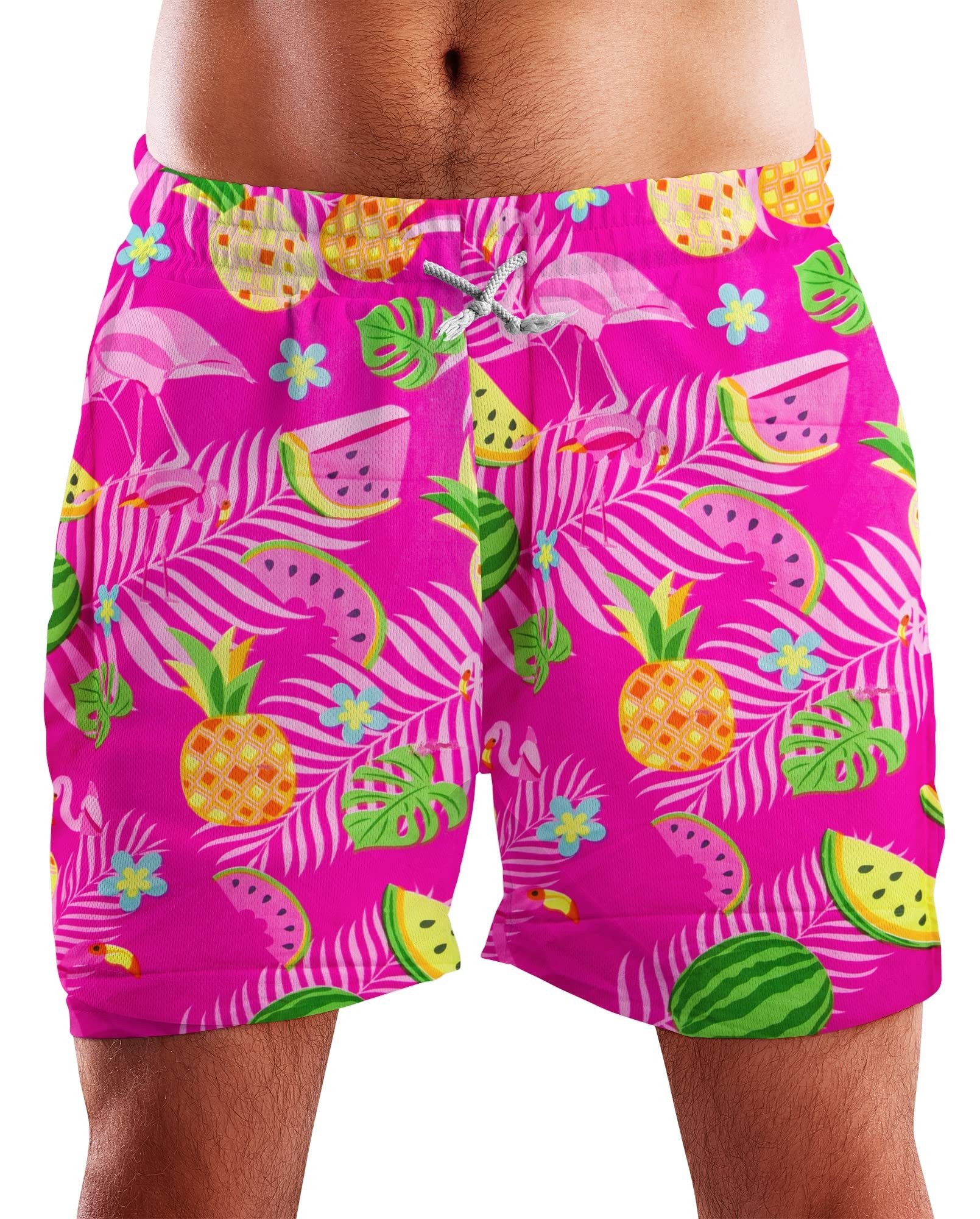 King Kameha Badeshorts Flamingo Melone Hawaii Bade-Shorts Mesh-Einsatz Verschluss Kordelzug Mit integriertem Mesh-Innenslip für extra Komfort