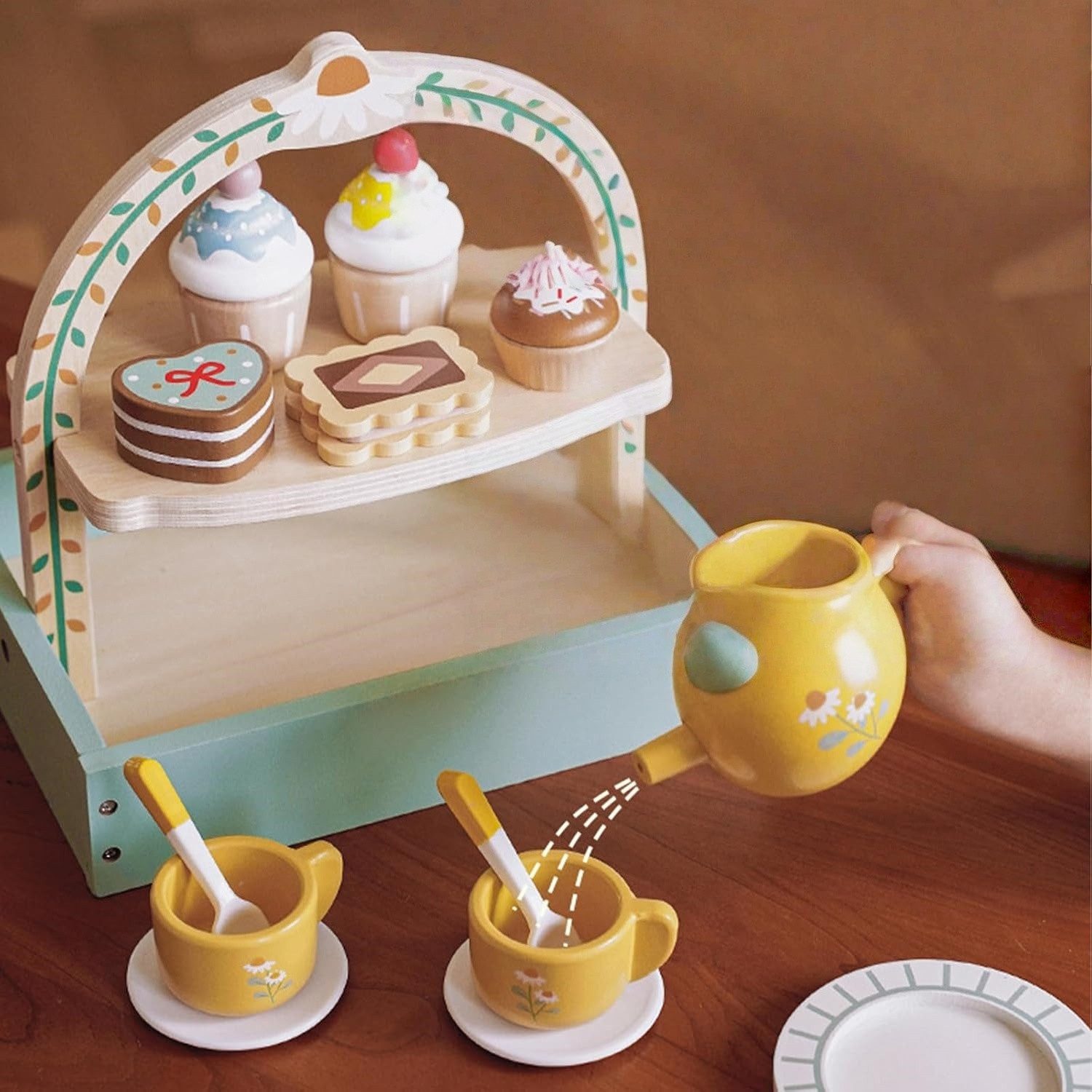 CLTYQ Spielküche Teeservice Kinder aus Holz, Teeparty mit Zuckerwürfeln und Dessert, Kinderküche Zubehör Tee Set für Kinder Mädchen Jungen