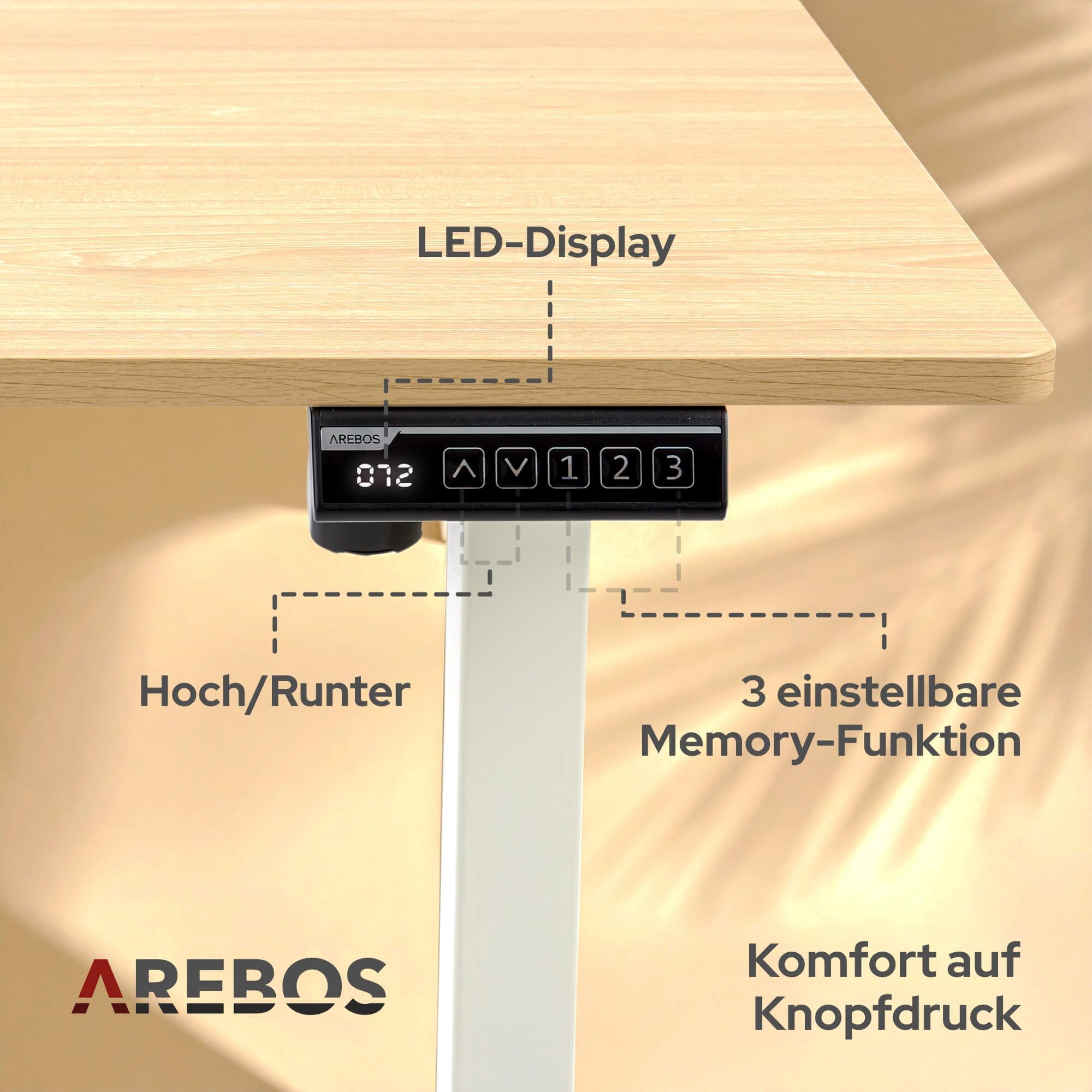 Arebos Schreibtisch Computer-Bürotisch 160 x 80 cm, elektrisch Memory-Funktion, 72-118 cm höhenverstellbar, Hebekapazität: 70 kg – Bild 5 von 5