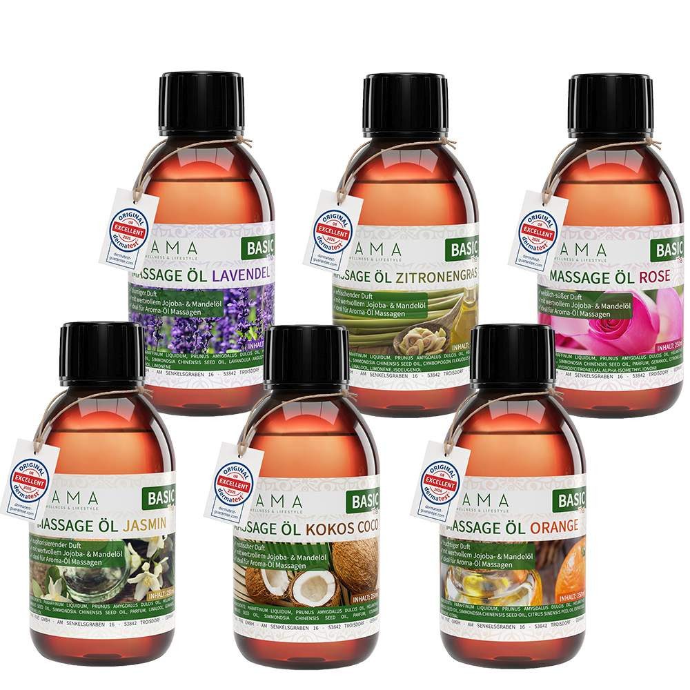 Kitama Massageöl Aroma Duft-Set mit 6 Düften (Jasmin, Rose, Orange, Lavendel u.a) 6 x 250ml, Dermatest: Sehr Gut