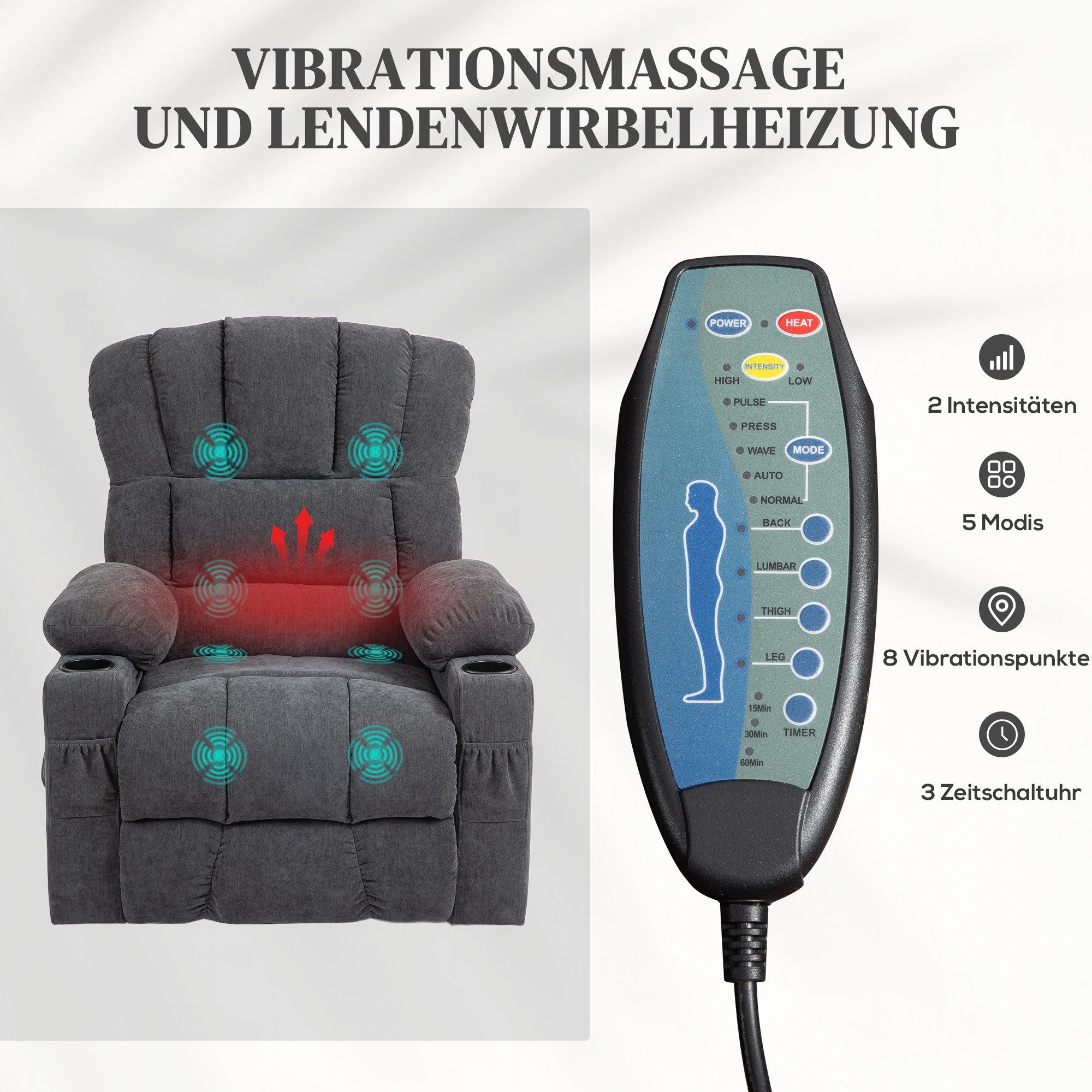 HOMCOM Relaxsessel Elektrischer Fernsehsessel mit Massage & Wärme, Liegefunktion (TV Sessel, 1-St., 1 Sessel), Aufstehhilfe, Massage, Wärme, USB-C,USB-A – Bild 5 von 5