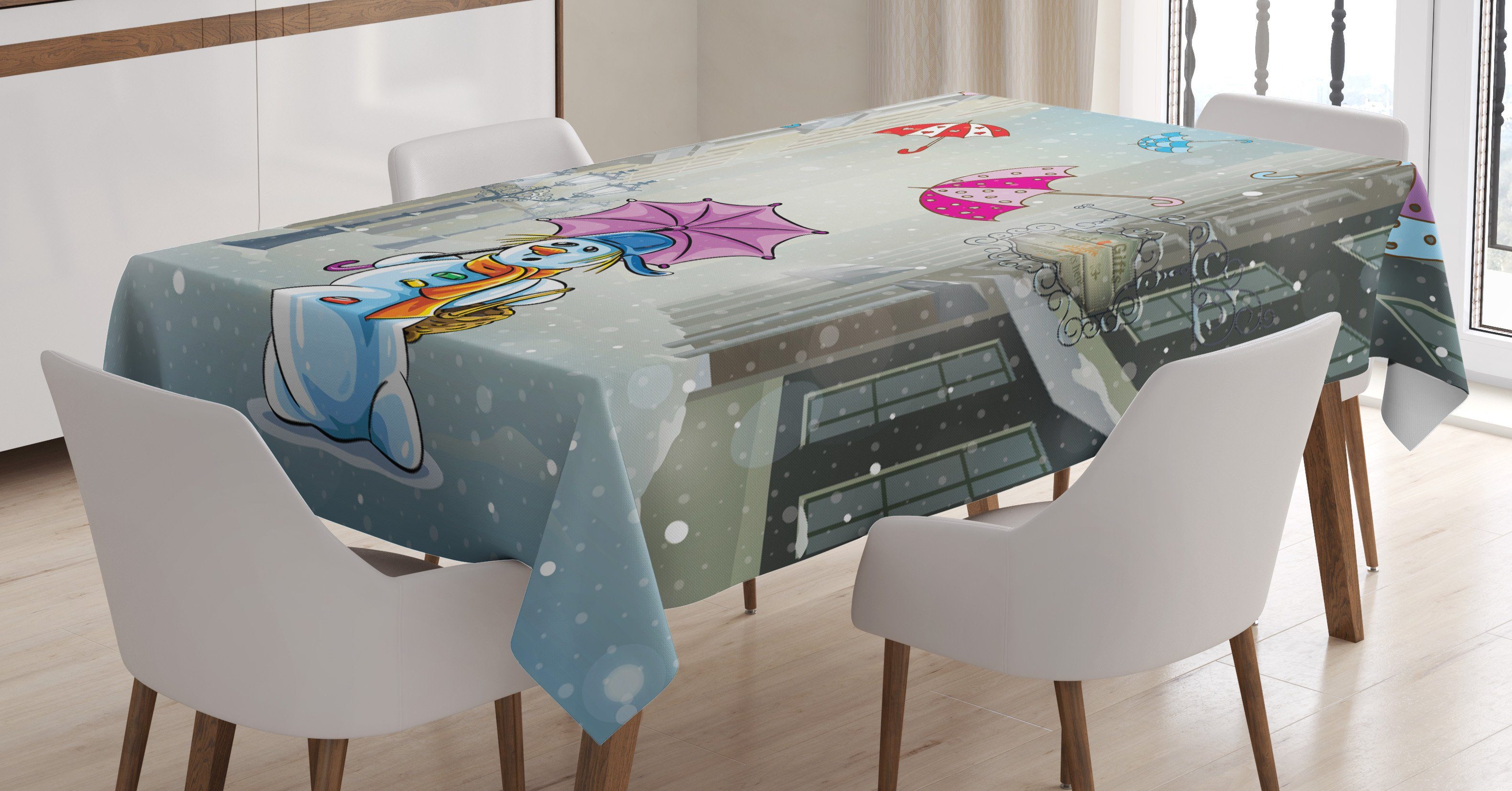 Abakuhaus Tischdecke Farbfest Waschbar Für den Außen Bereich geeignet Klare Farben, Winter CartoonSnowman und Regenschirm