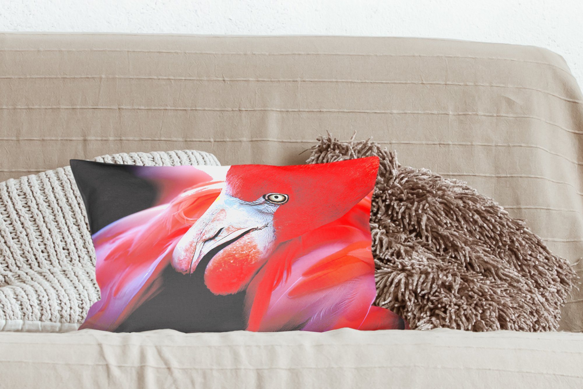 eines Zierkissen, Dekokissen Flamingos, Dekoration, Schlafzimmer MuchoWow Füllung, mit Dekokissen Nahaufnahme Wohzimmer