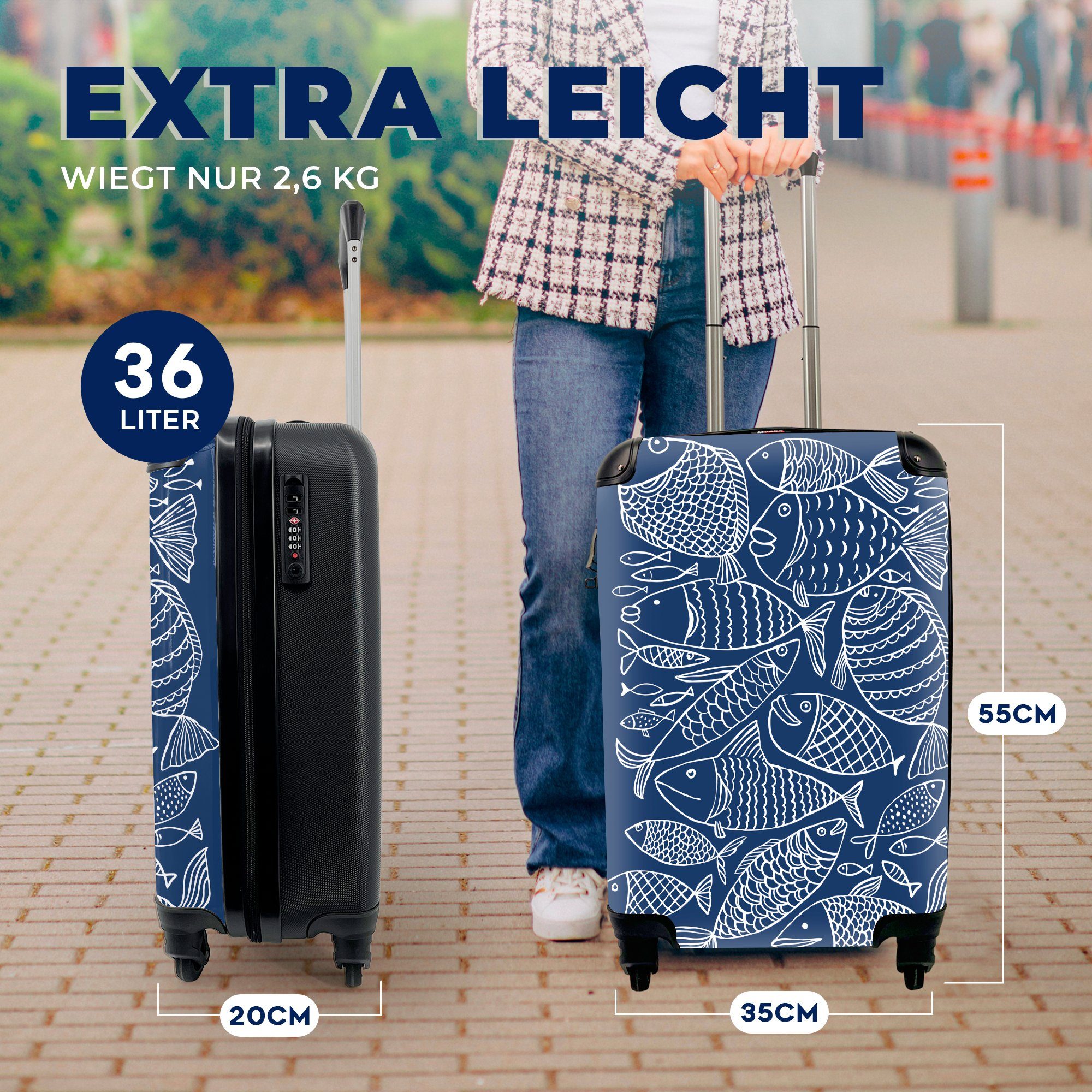 MuchoWow Handgepäckkoffer dunkelblauen Hintergrund, Illustration eines Reisetasche rollen, einem 4 Ferien, auf für Fisches Trolley, Reisekoffer Rollen, Handgepäck mit