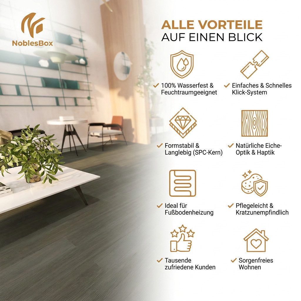 NoblesBox Designboden Klick Vinylboden SPC - Hartvinyl - 4+1mm Wasserfest - 1 mm Isolierung, Für Fußbodenheizung, Hochabriebfest & Klicksystem – Bild 5 von 5