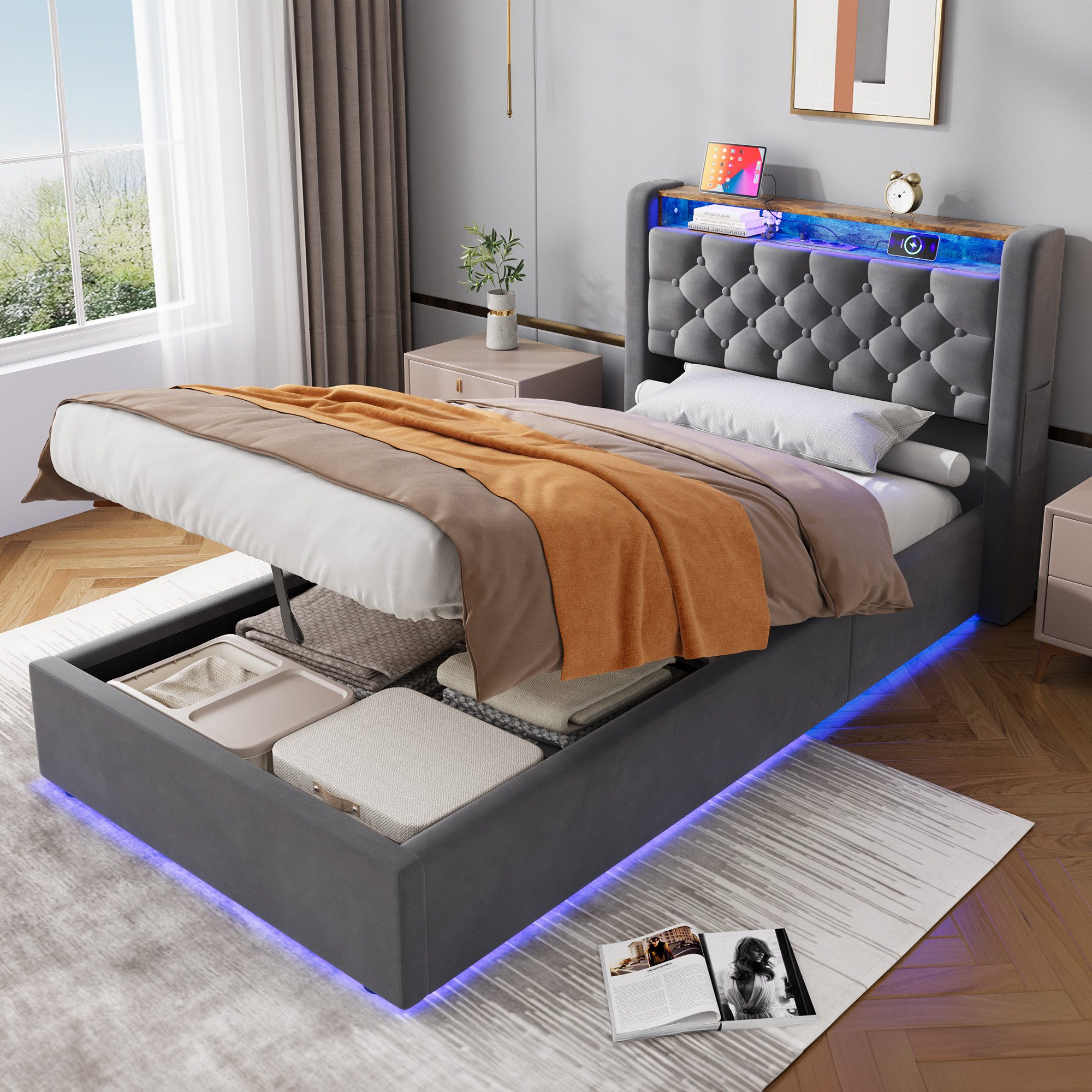 STILVORA Polsterbett 90×190 mit bettkasten,Funktionbett Jugenbett mit Stauram & Steckdose (Hochdichter Lattenrost, Metall-Querstrebe,Gepolstertes Kopfteil, Modernes Design Jugendbett mit Klappbares Kopfteil, Zugband-Hebesystem), Stauraumbett mit Steckdose