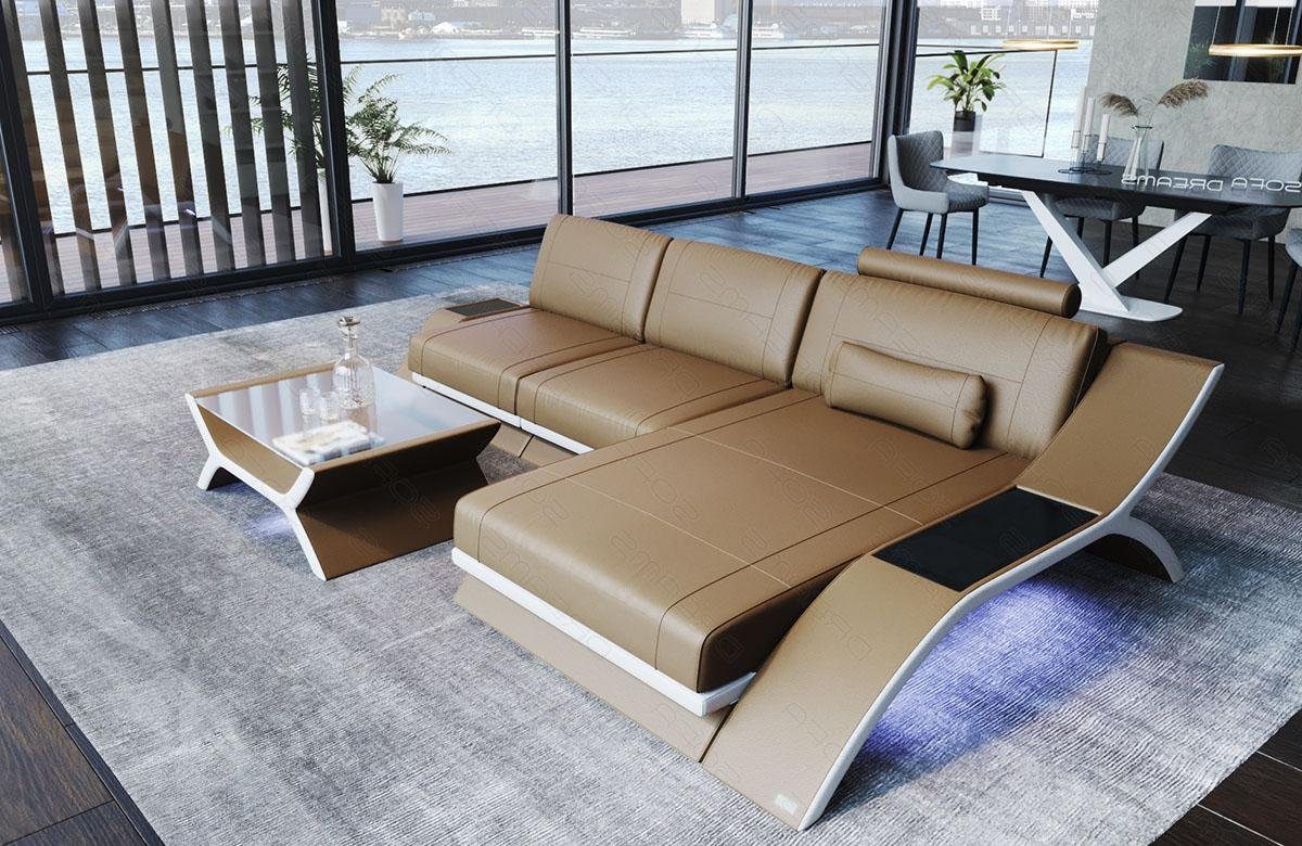 Sofa Dreams Ecksofa Sofa Leder Calabria L Form Ledersofa, Couch, mit LED Beleuchtung, USB Anschluss und Multifunktions-Console