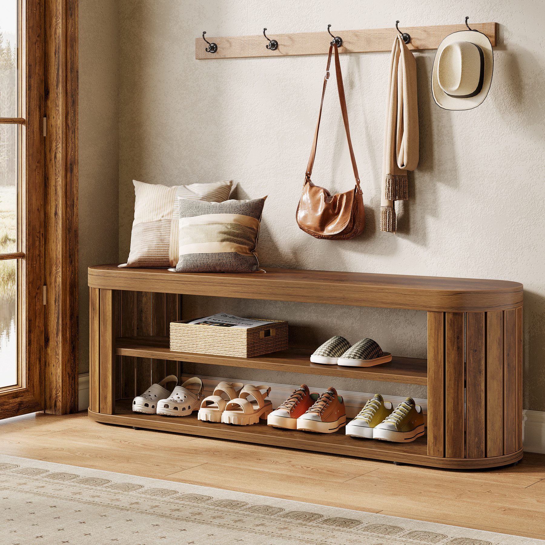 Tribesigns Schuhbank 120 cm Lange Holz-Eingangsbank mit zweistufigem Schuhregal (120x30x45cm), Esszimmerbank im Landhausstil mit verstellbaren Fußstützen
