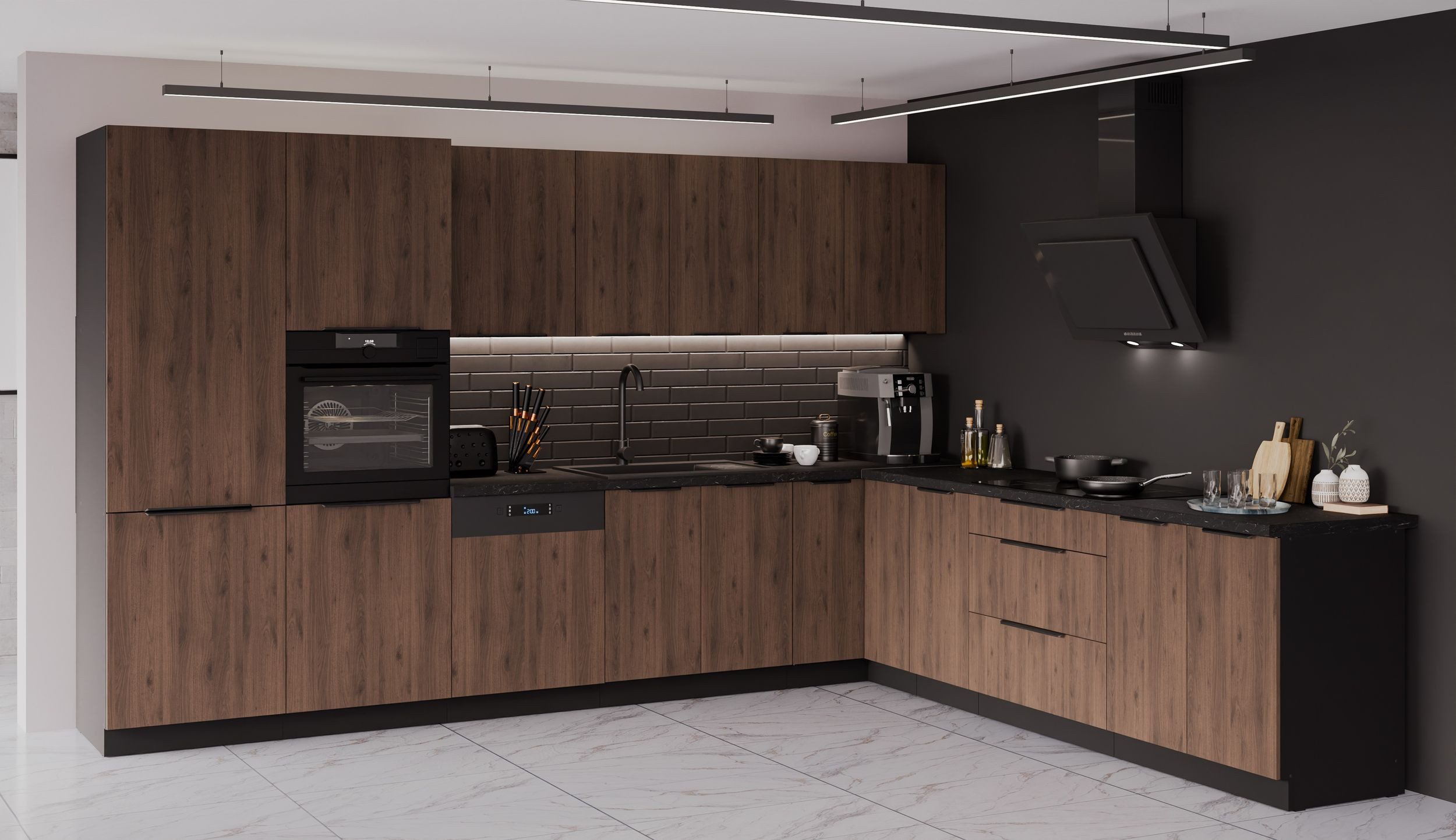 Küchen-Preisbombe Winkelküche MONZA 350x290 cm Küchenzeile Küchenblock Küche Nußbaum Okapi + Schwarz