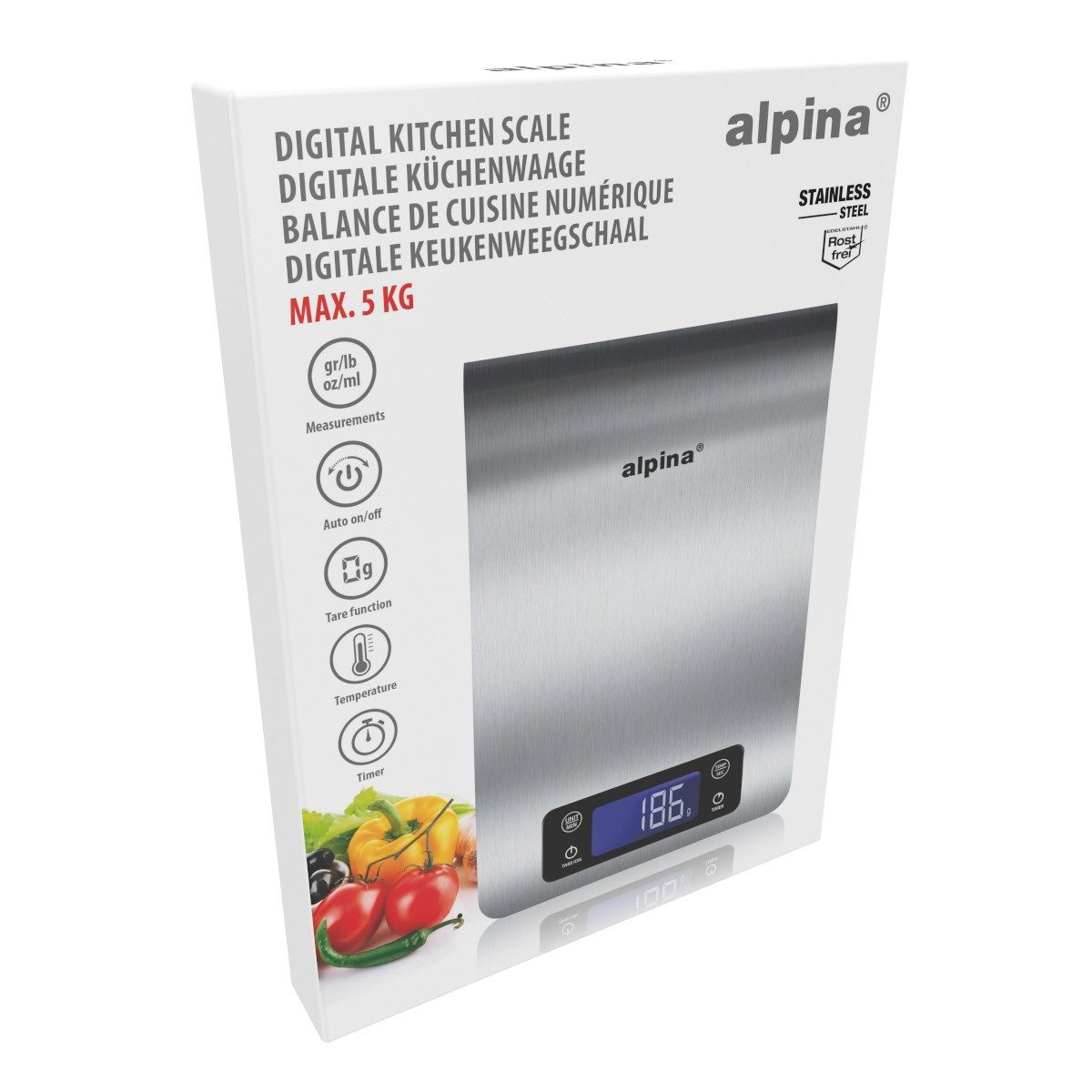 Alpina Küchenwaage alpina Digitale Küchenwaage 5kg LCD-Display aus Edelstahl