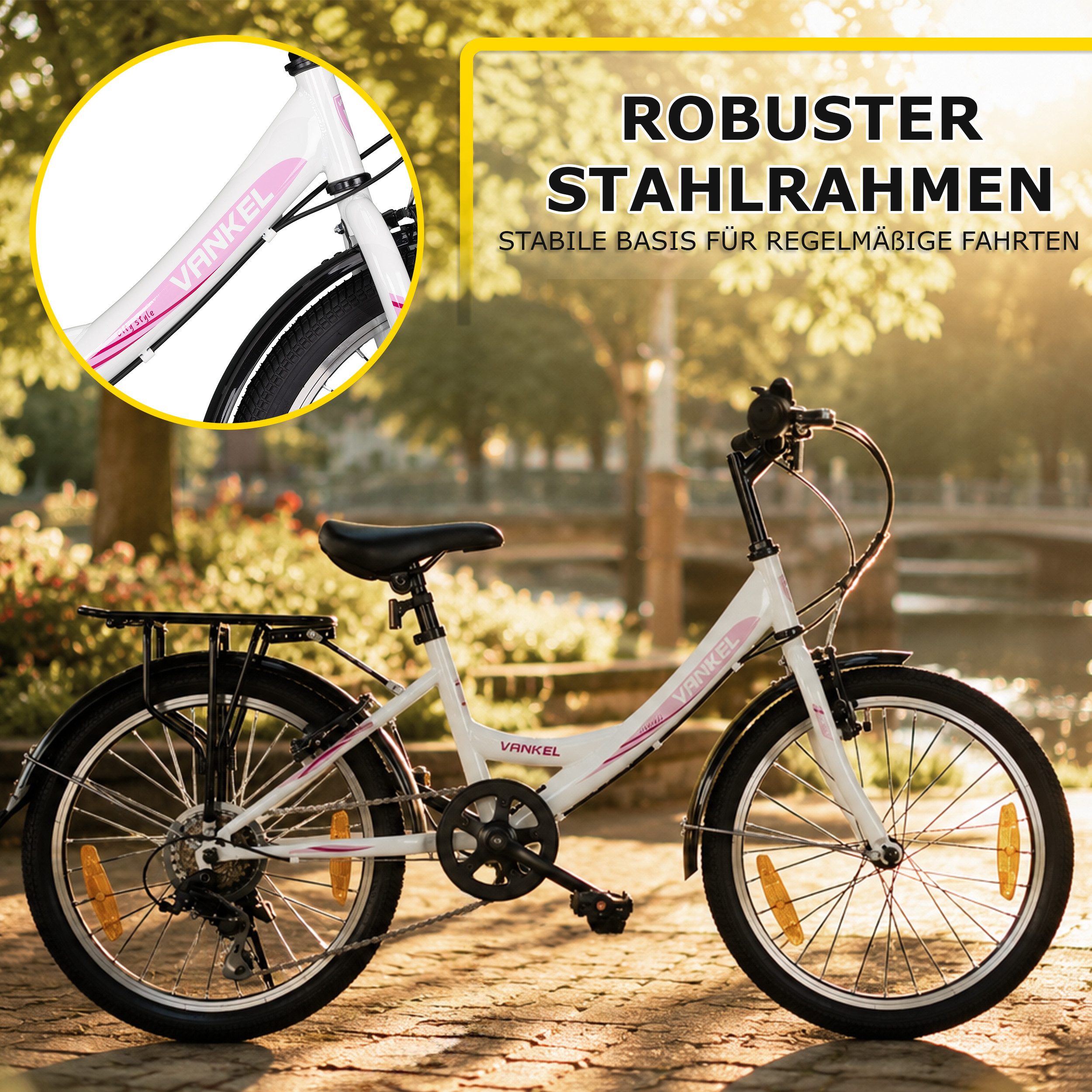 Vankel Kinderfahrrad 20 Zoll, Kinderrad, MTB, Drehgriffschaltung, V-Brakes, Schutzbleche, 7 Gang, Kettenschaltung, Stabiles Rad für Mädchen und Jungen ab ca. 6 Jahren