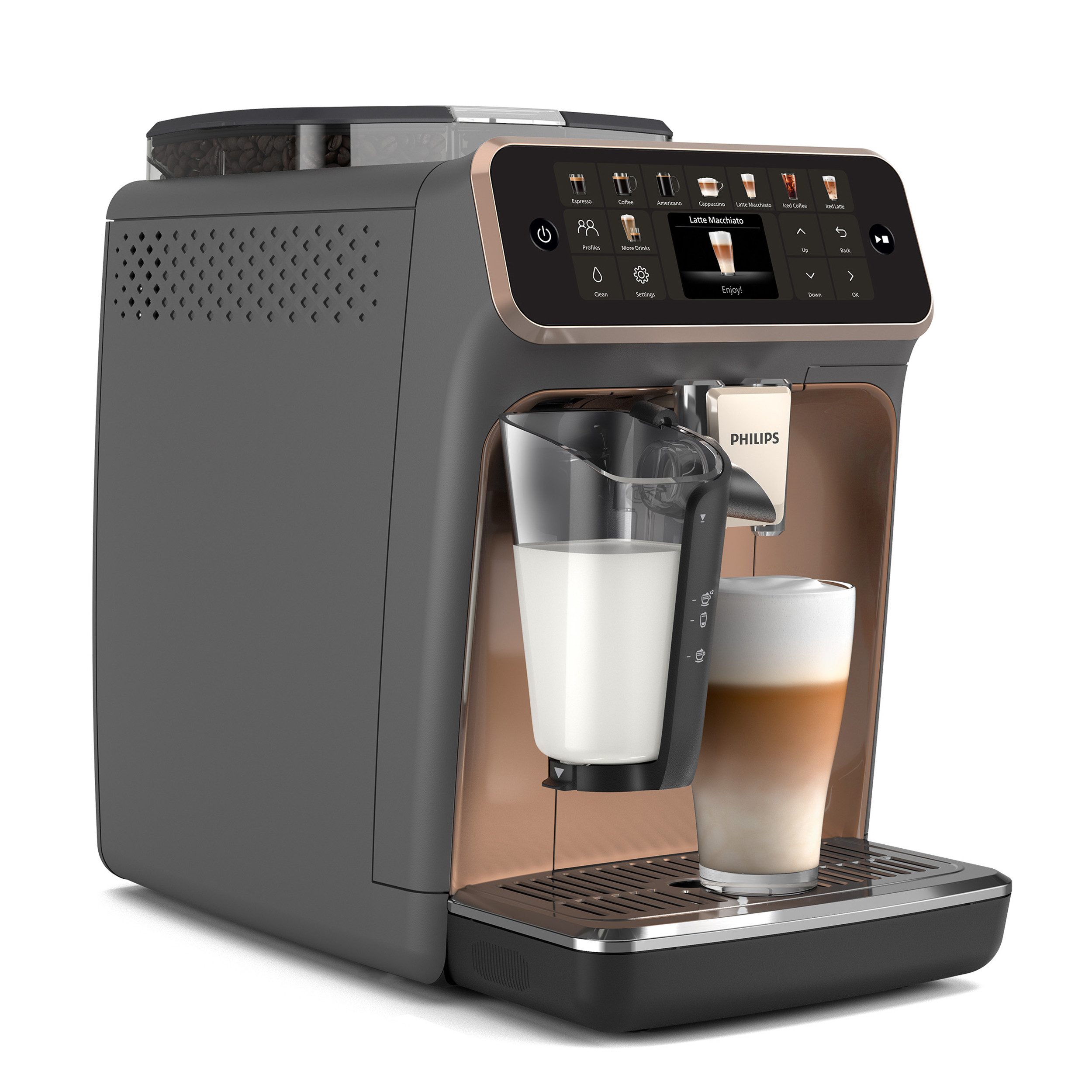 Philips Kaffeevollautomat EP5544/80 5500 Series, 20 Kaffeespezialitäten (heiß oder eisgekühlt), LatteGo-Milchsystem, SilentBrew Technologie, Grau/Kupfer