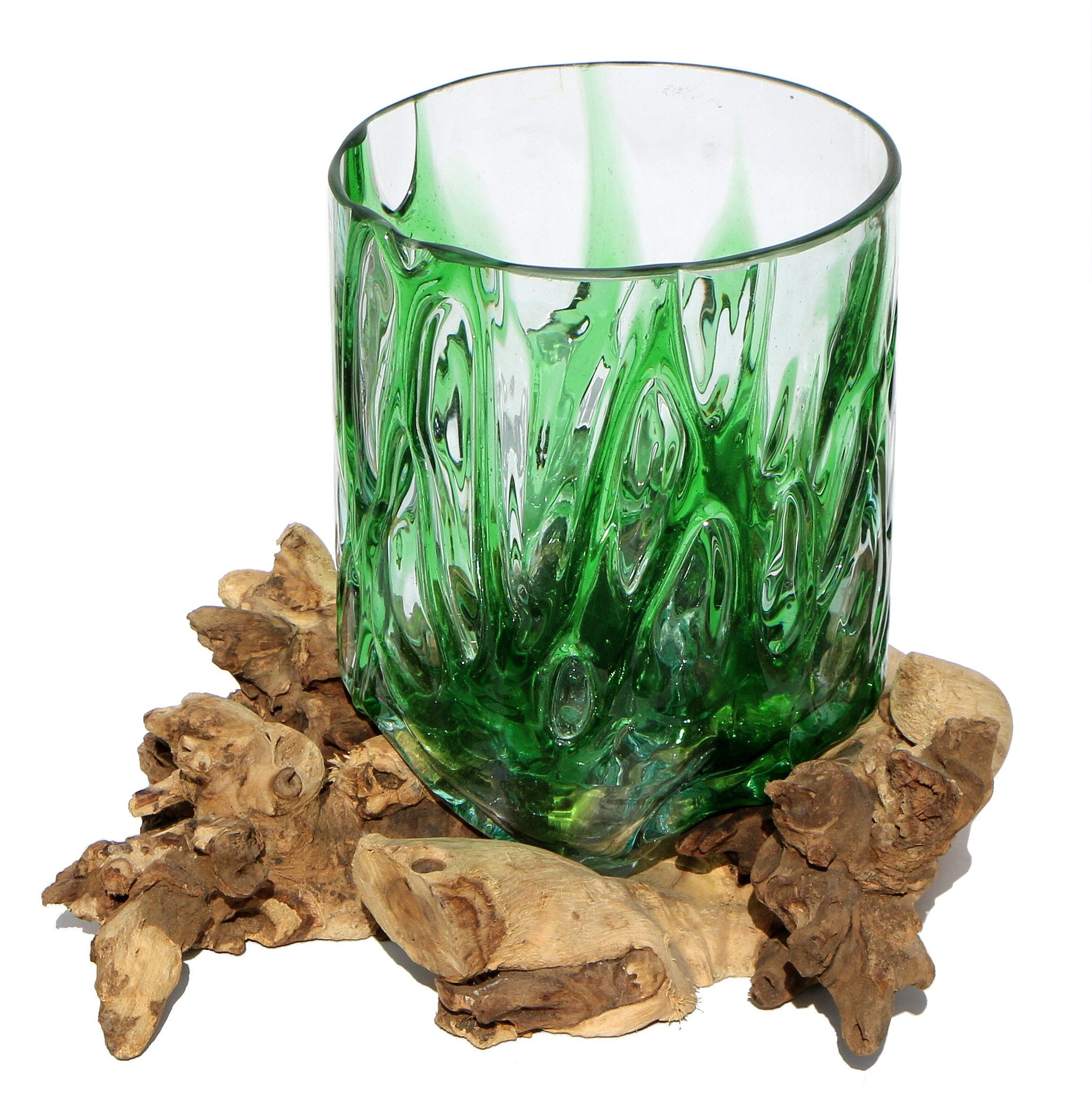 Wogeka Dekovase Glas-Vase "Gloria" auf Wurzel-Holz Ø Glas 15-16 cm Teakholz Gamal