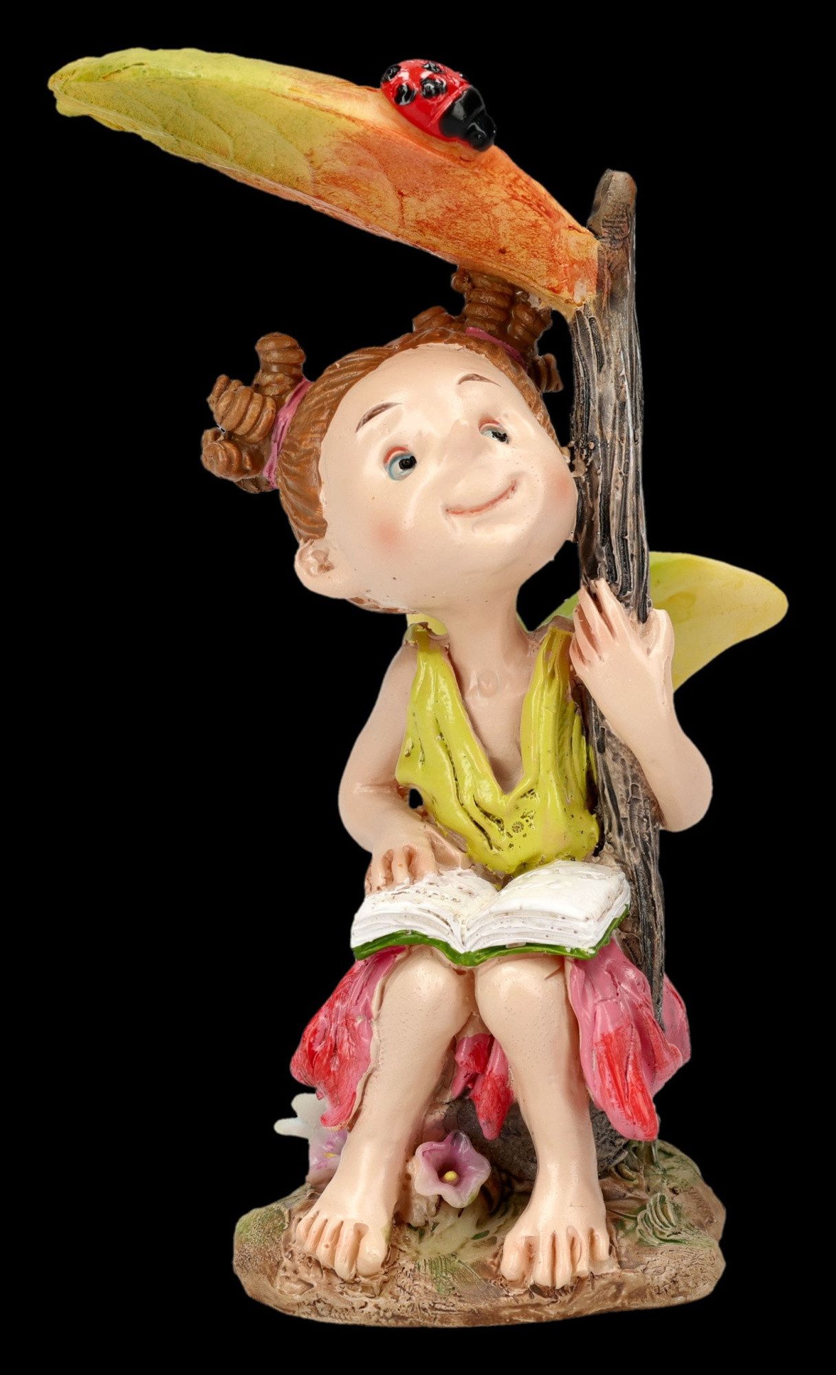 Figuren Shop GmbH Fantasy-Figur Feen Figur Curly Fairy mit Buch und Marienkäfer Fantasy Deko 10 cm