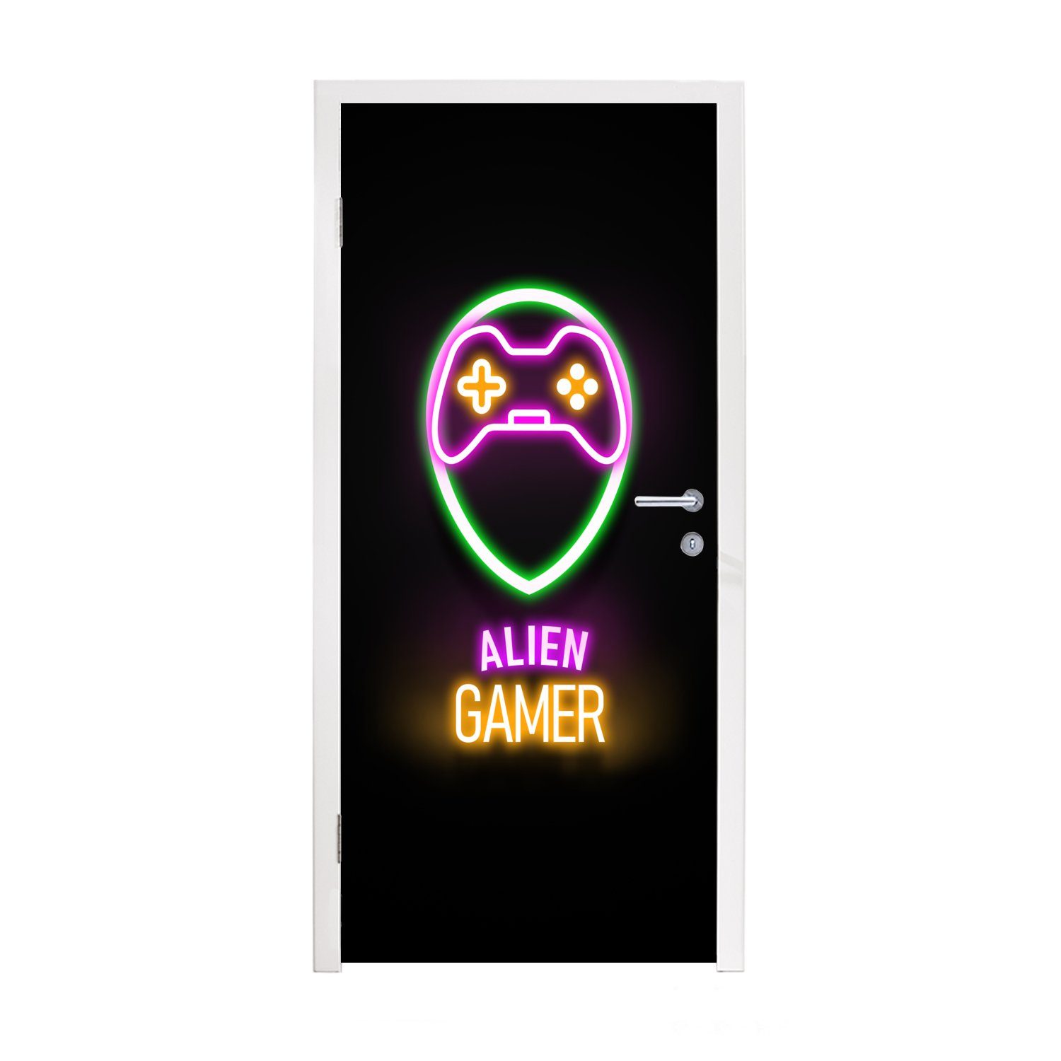 MuchoWow Türtapete Gaming - Zitate - Neon - Alien-Gamer - Controller, Matt, bedruckt, (1 St), Fototapete für Tür, Türaufkleber, 75x205 cm