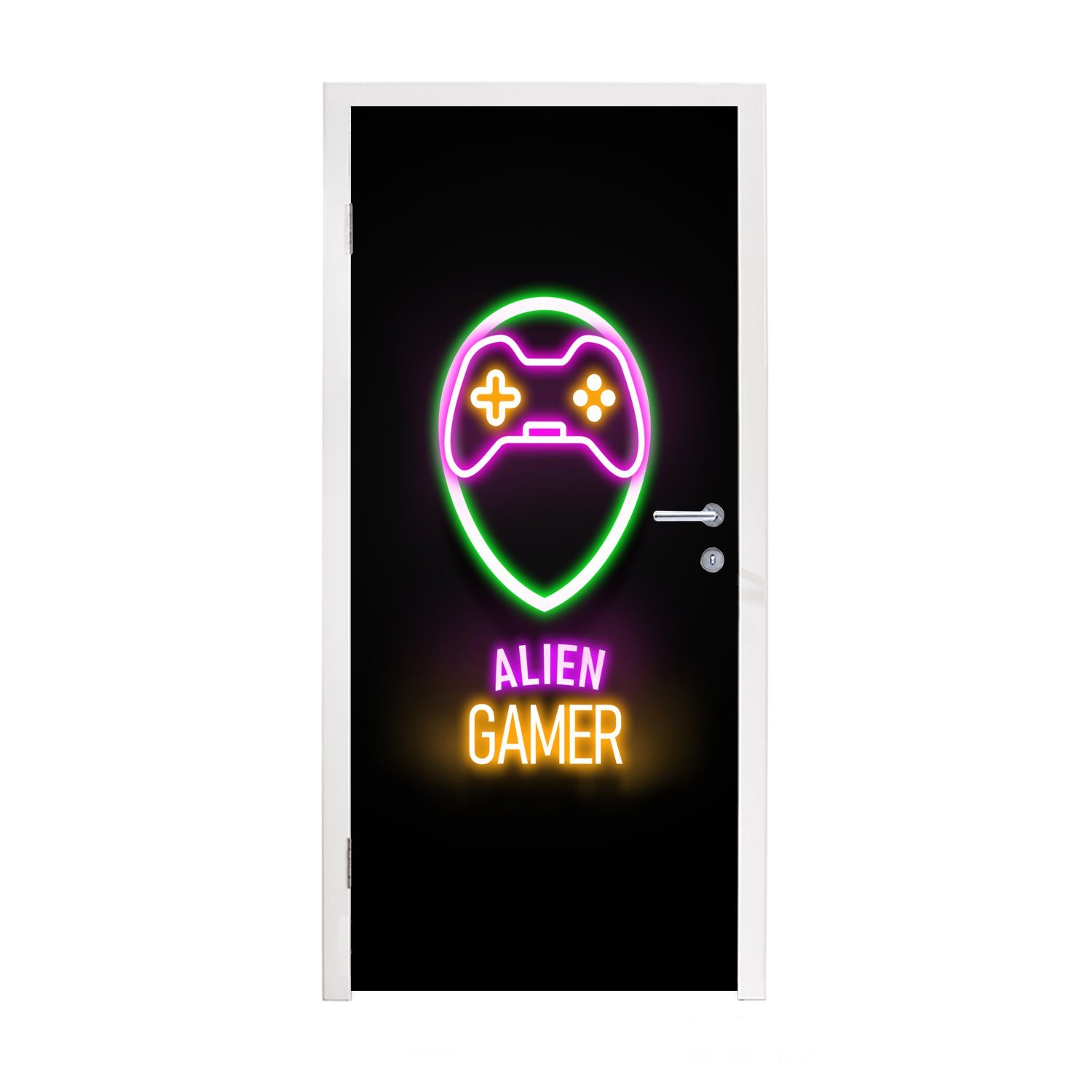 MuchoWow Türtapete »Gaming Zitate Neon AlienGamer Controller