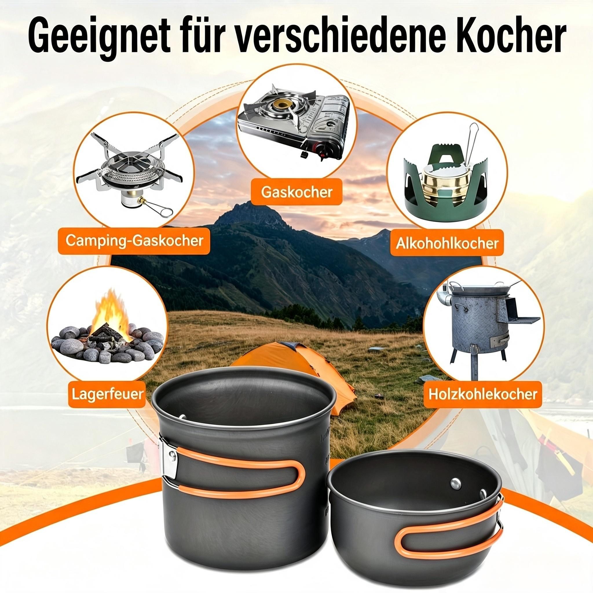 Kityhome Geschirr-Set Klappbares Camping-Kochset Leicht & Kompakt-grau, Hitzeisolierte Griffe – Bild 4 von 5