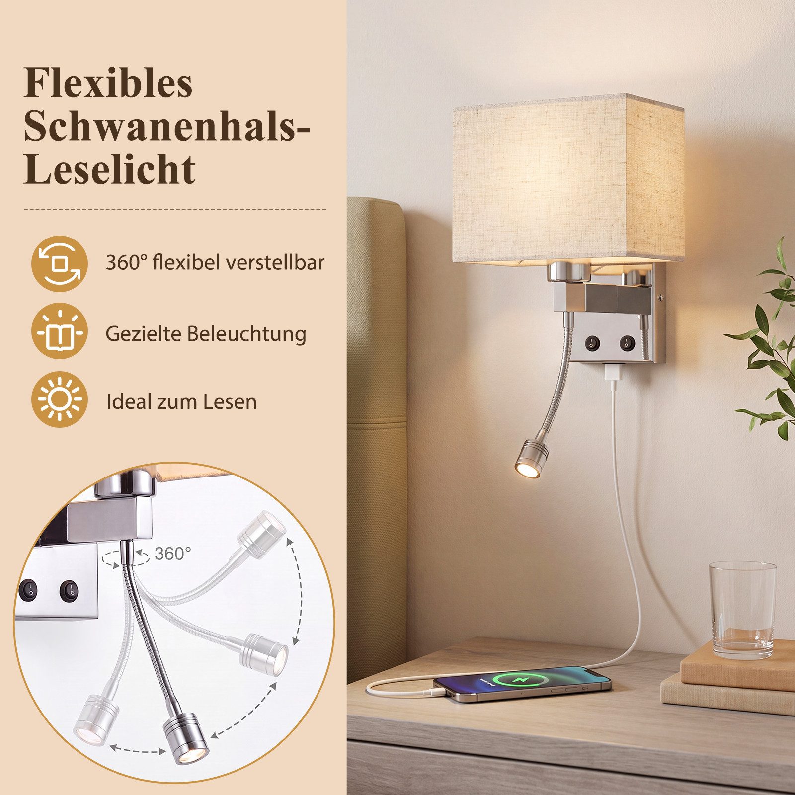 Nettlife Wandleuchte innen Schalter Moderne Wandlampe E27 Stoffschirm, ohne Leuchtmittel, USB-Ladeanschluss 2W Leselampe Stoffschirm für Schlafzimmer Hotel Flur – Bild 5 von 5