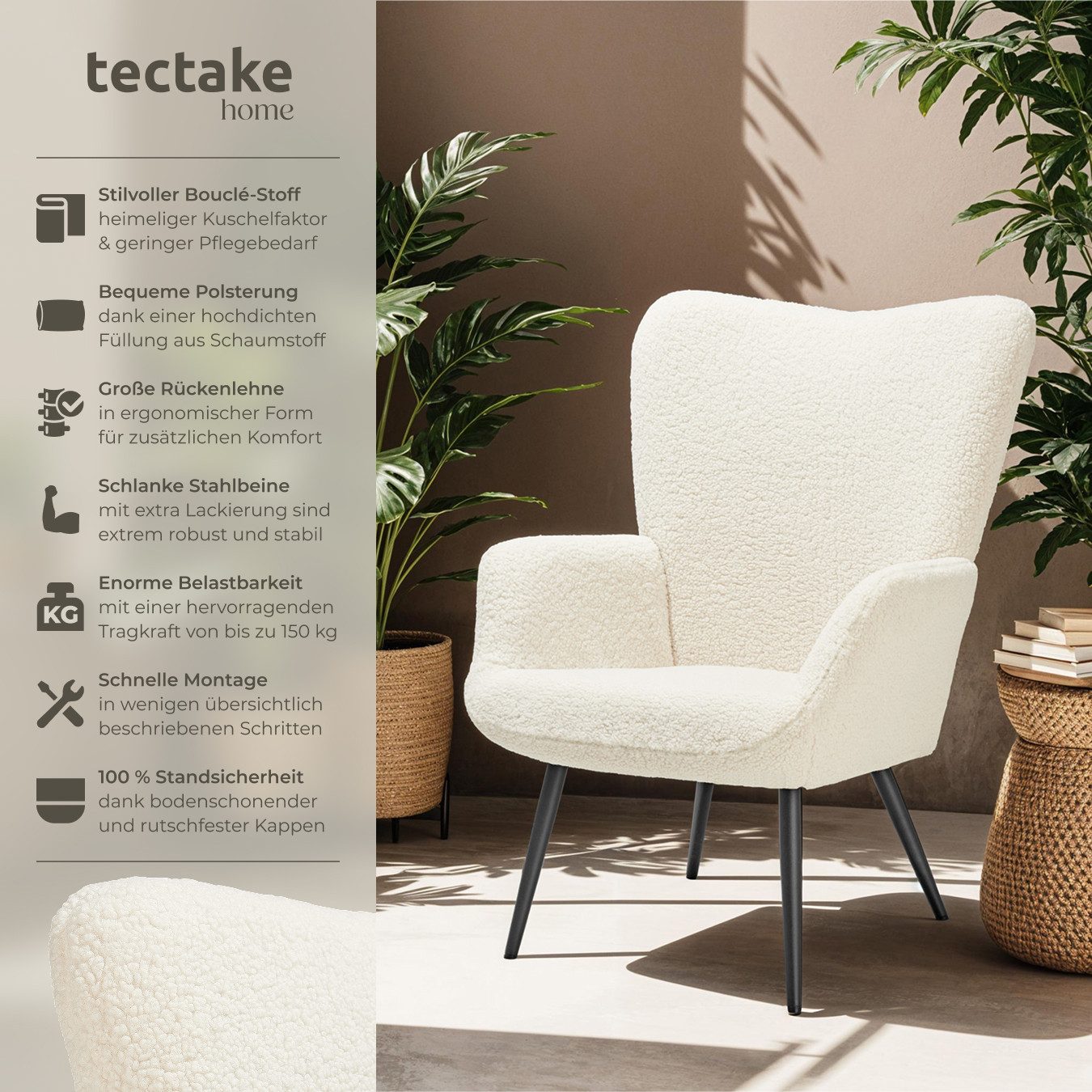 tectake Relaxsessel Sessel Hygge gepolstert, Bouclé-Stoff, Belastbarkeit 15 günstig online kaufen