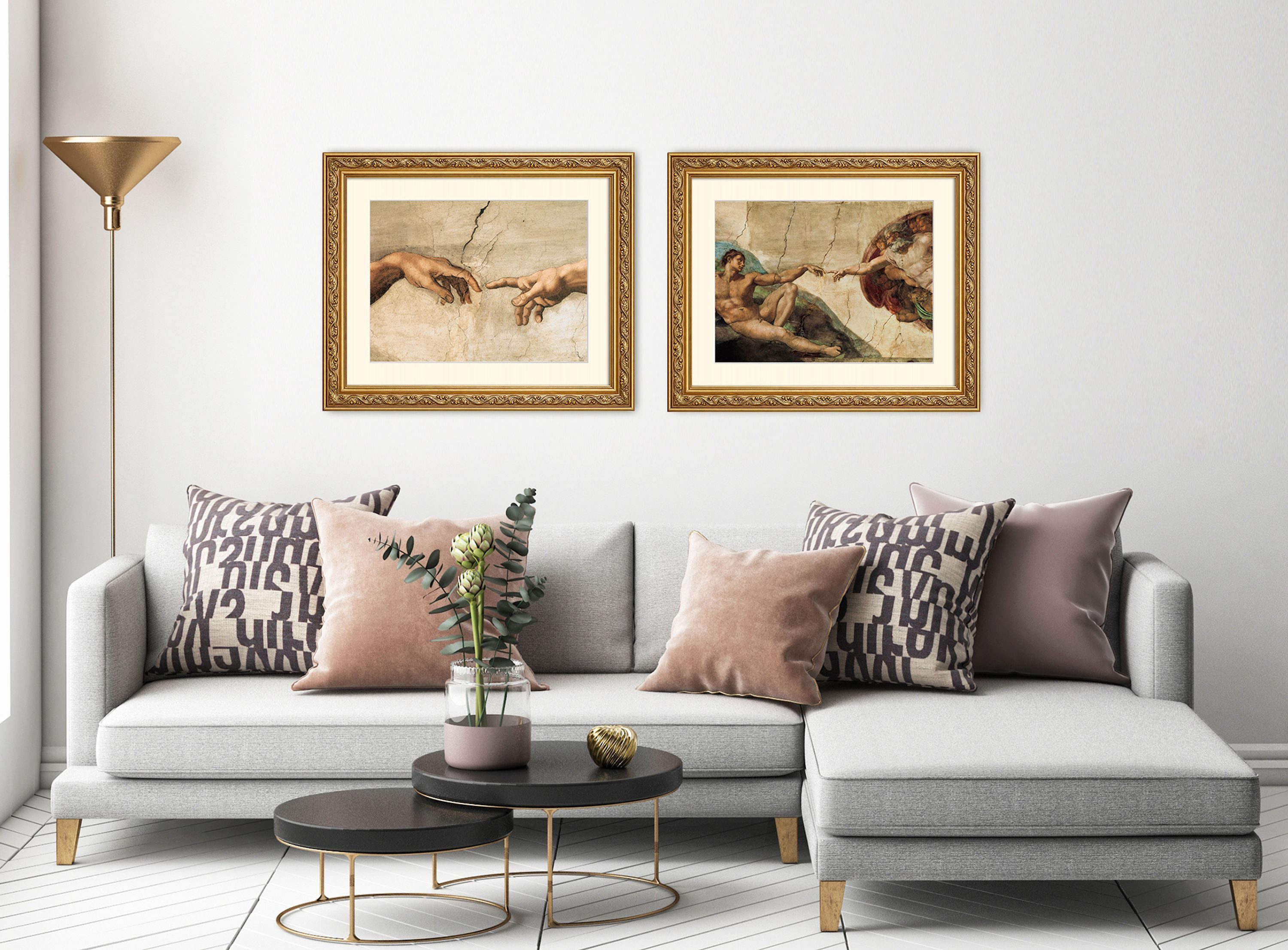 artissimo Bild mit Rahmen Wandbild gerahmt 53x63 cm Kunstdruck mit Passepartout & Barock-Rahmen, Michelangelo: La Creatione die Adamo / Hände