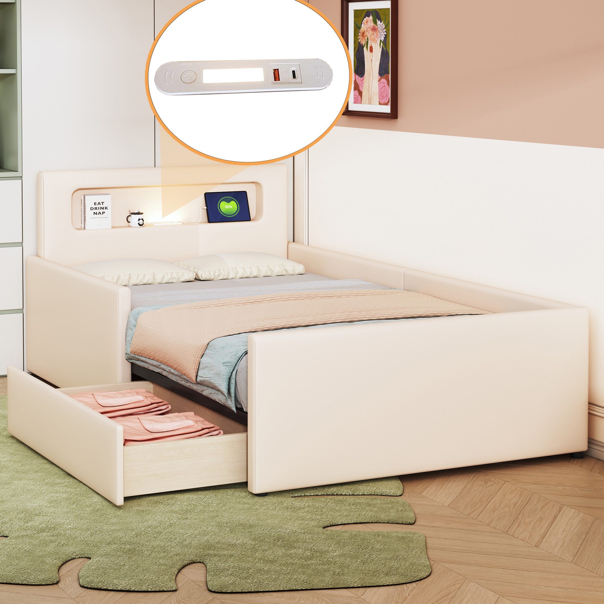 Merax Polsterbett mit USB-Ladeanschluss und Nachtlicht (Jugendbett Einzelbett, 1-tlg., aus Kunstleder), Kinderbett 90x200cm mit Schublade, Sicherheitsseiten & S – Bild 4 von 5