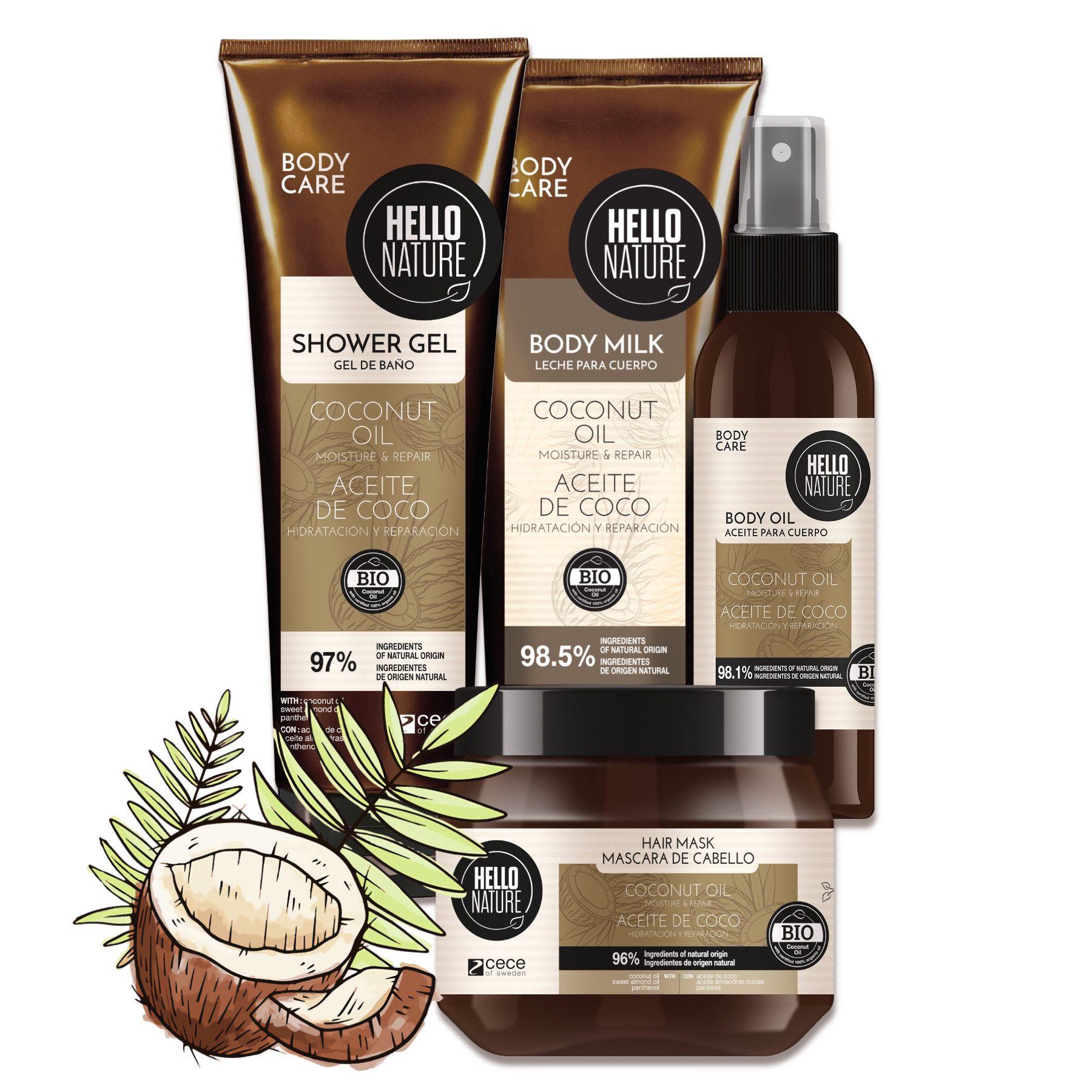 Hello Nature Hautpflege-Set Kokosnussöl Körperpflege Set Duschgel Body Butter Milk Öl BIO Set, Körperpflege Set, Hautpflege, Hello Nature